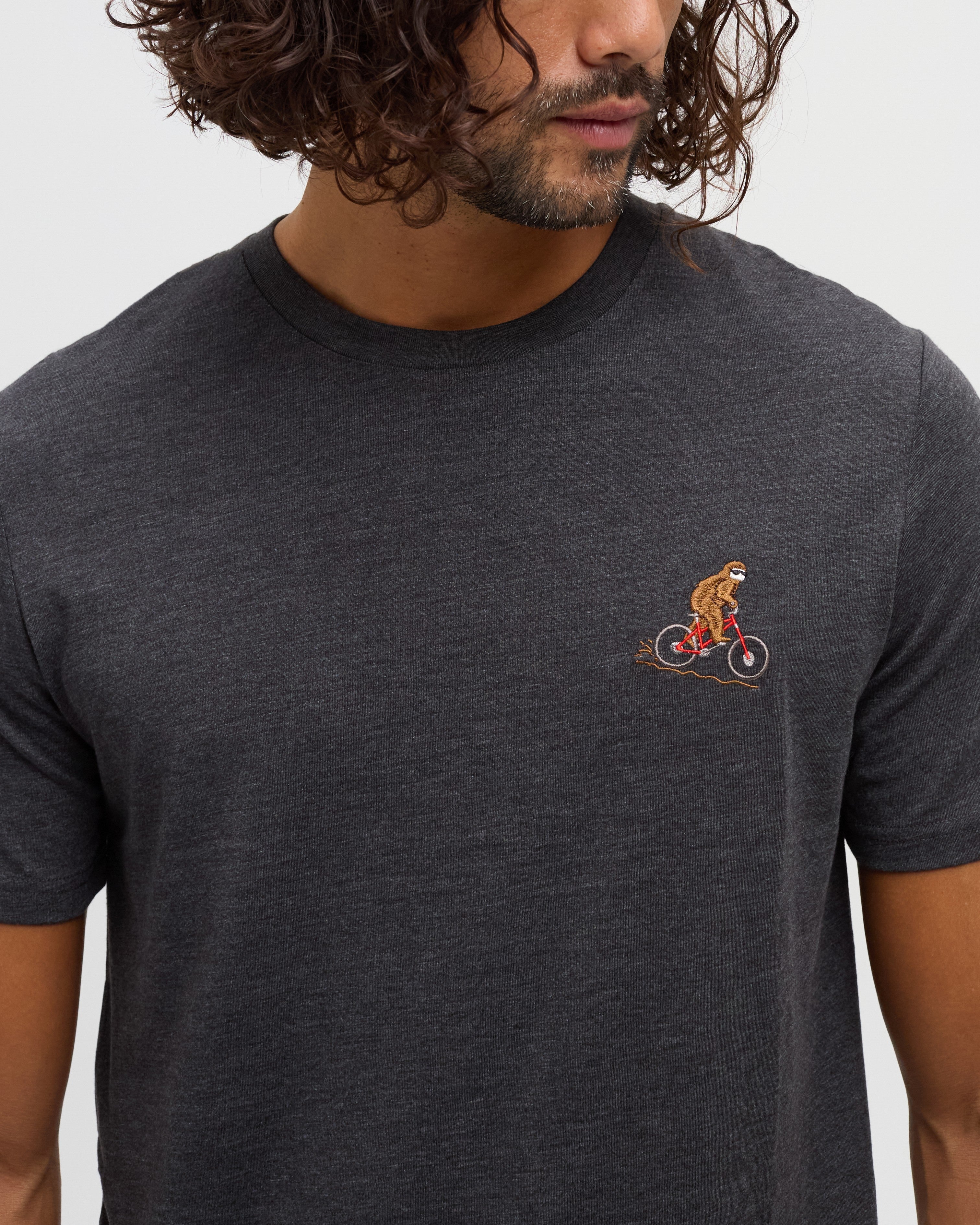 Tentree Sasquatch T-Shirt Meteorite Black Heather Mountain Bike - detail