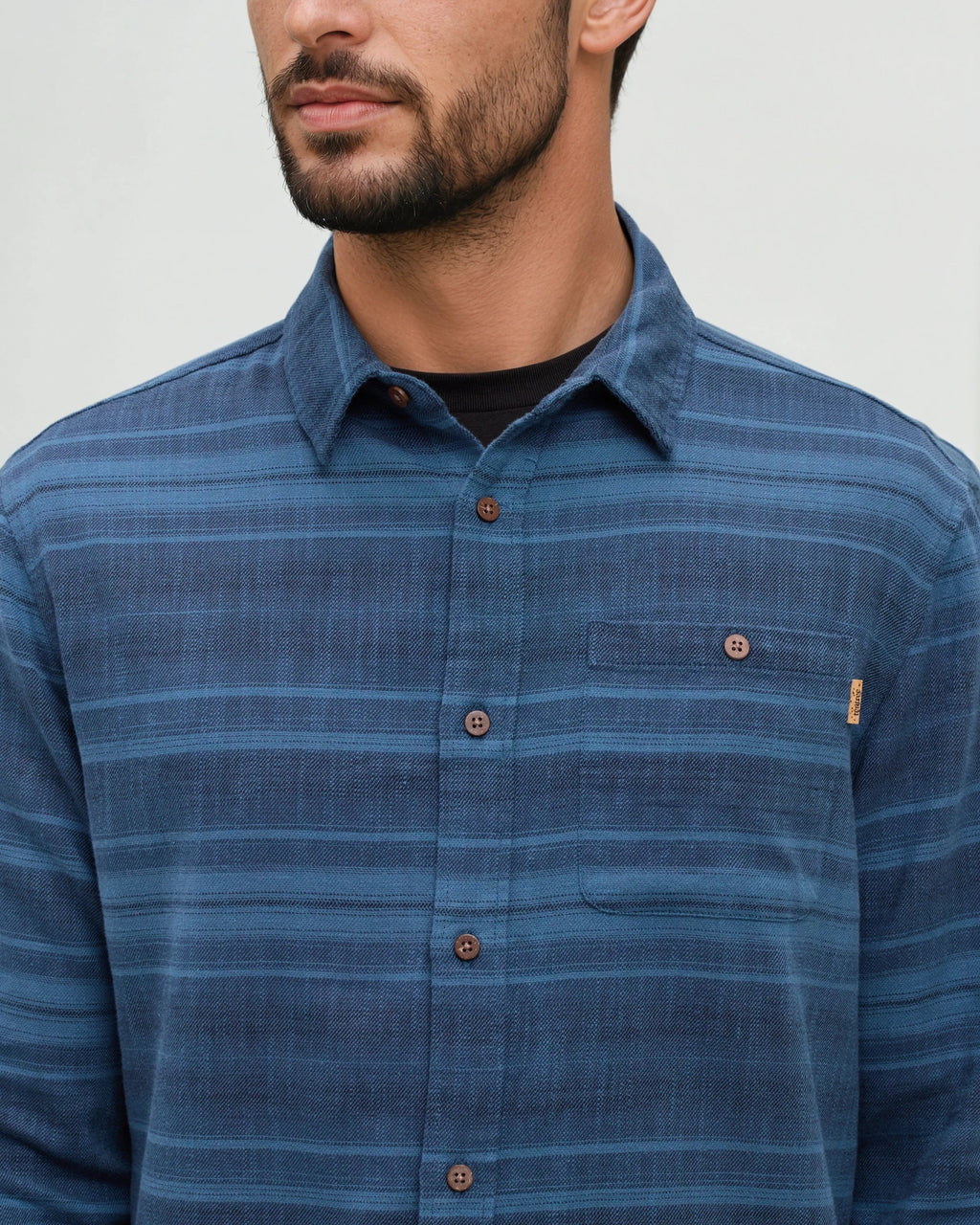 Tentree Stretch Forest Shirt Blue Horizon Canyon Stripe - front detail