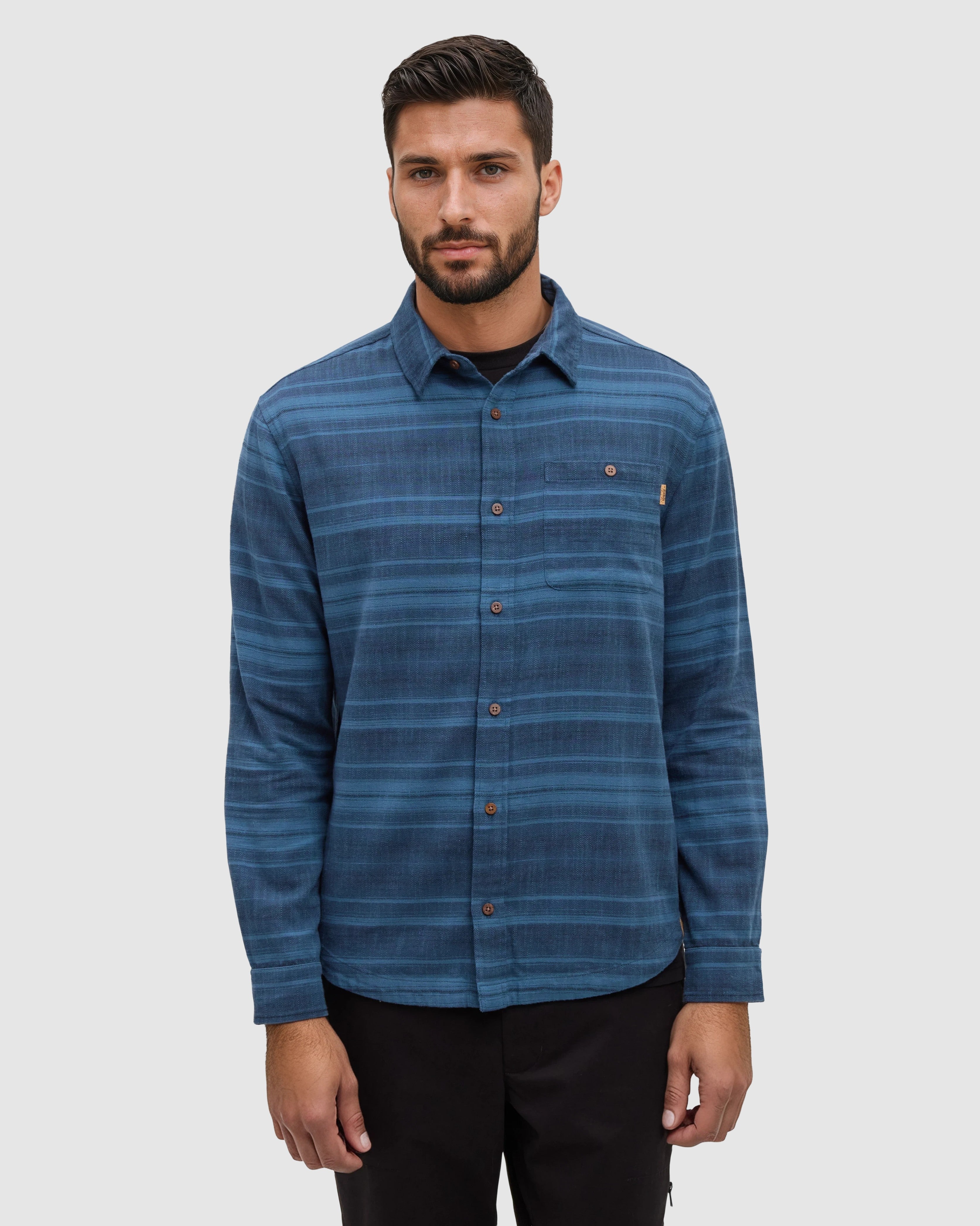 Tentree Stretch Forest Shirt Blue Horizon Canyon Stripe - on model