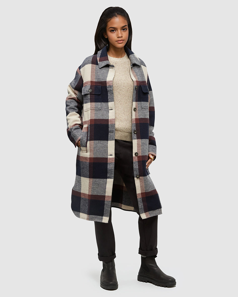 Tentree Women's Livingston Jacket - Midnight Blue Cabin Plaid, front