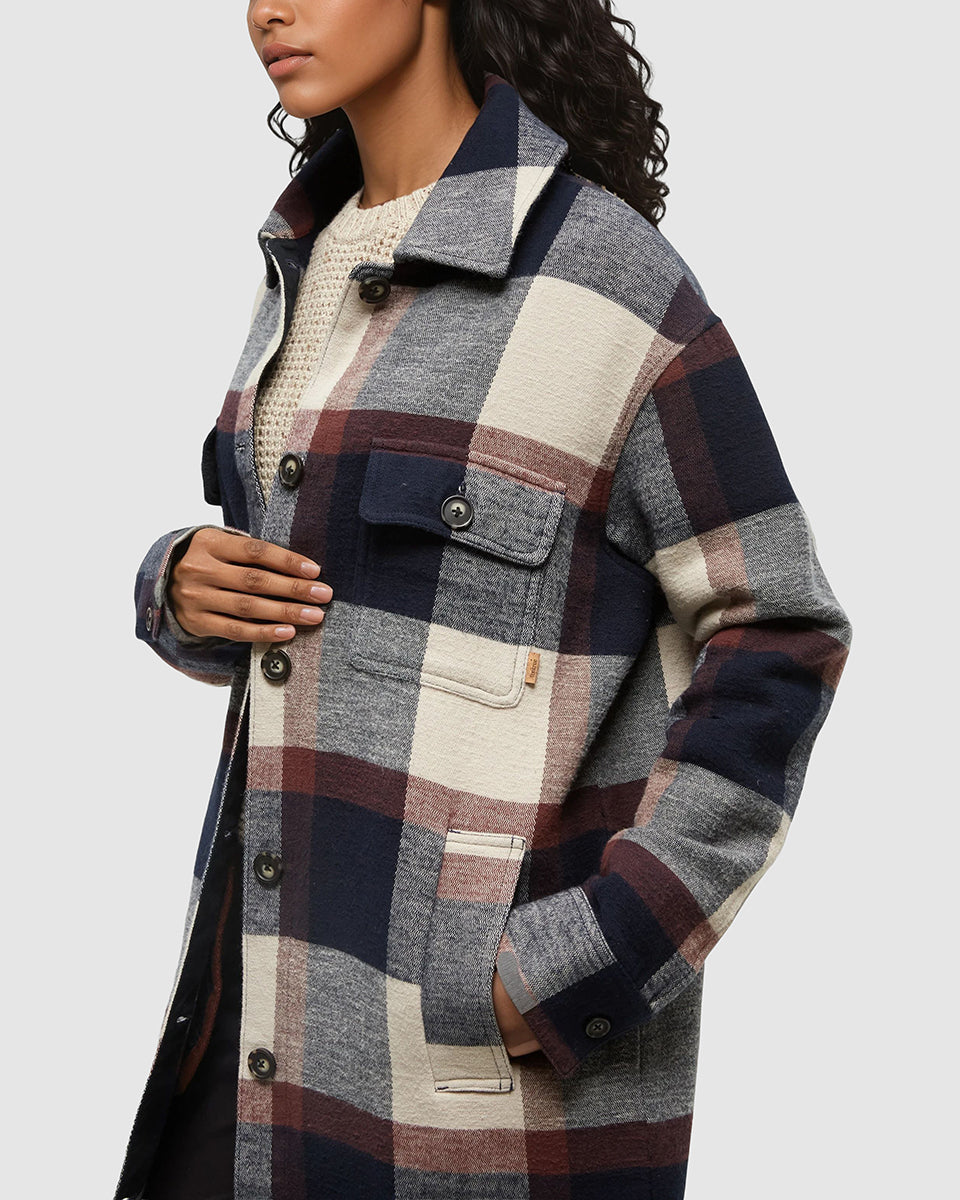 Tentree Women's Livingston Jacket - Midnight Blue Cabin Plaid, chest and pocket detail