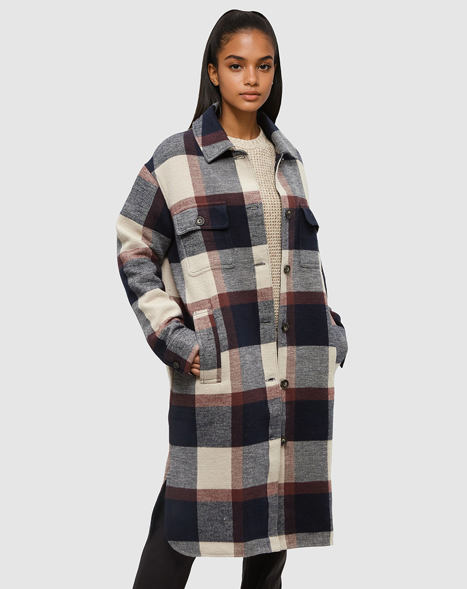 Tentree Women's Livingston Jacket - Midnight Blue Cabin Plaid, front on-model