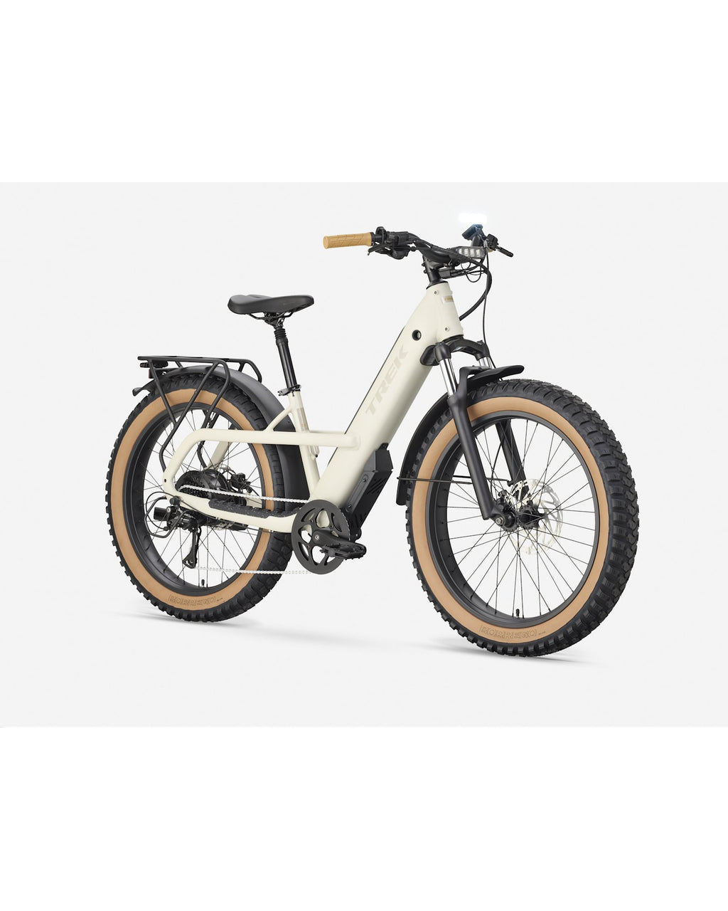 Trek Borrego+ Electric Fat Bike - Buff Beige, three-quarter front