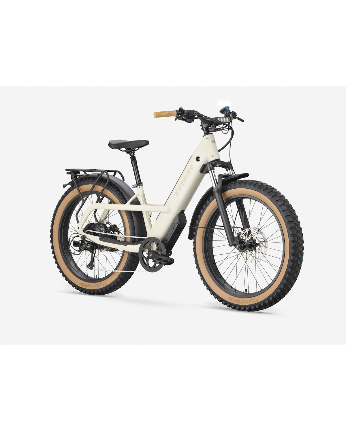Trek Borrego+ Electric Fat Bike - Buff Beige, three-quarter front