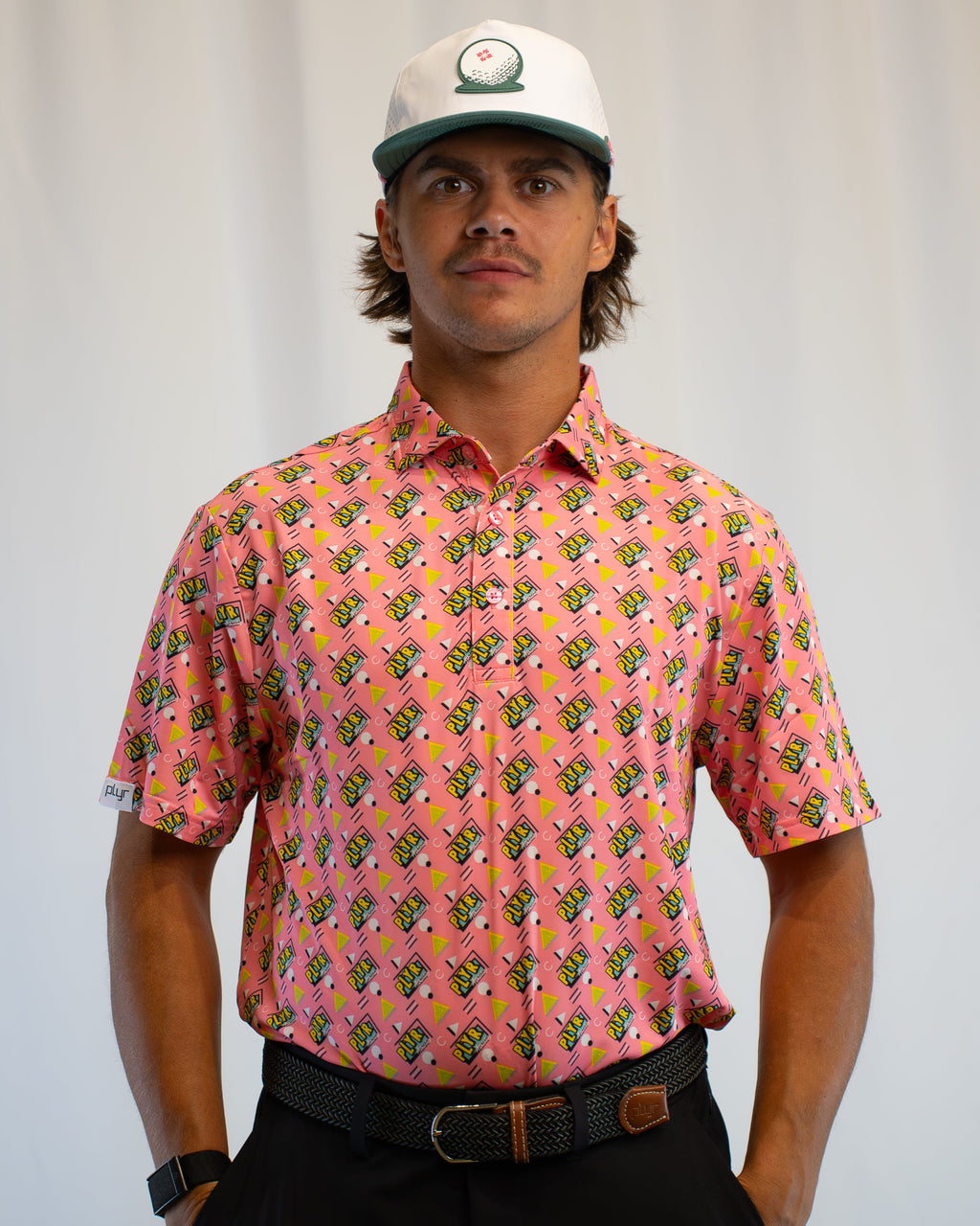 plyr Men's Backspin Polo Pink/Teal - front