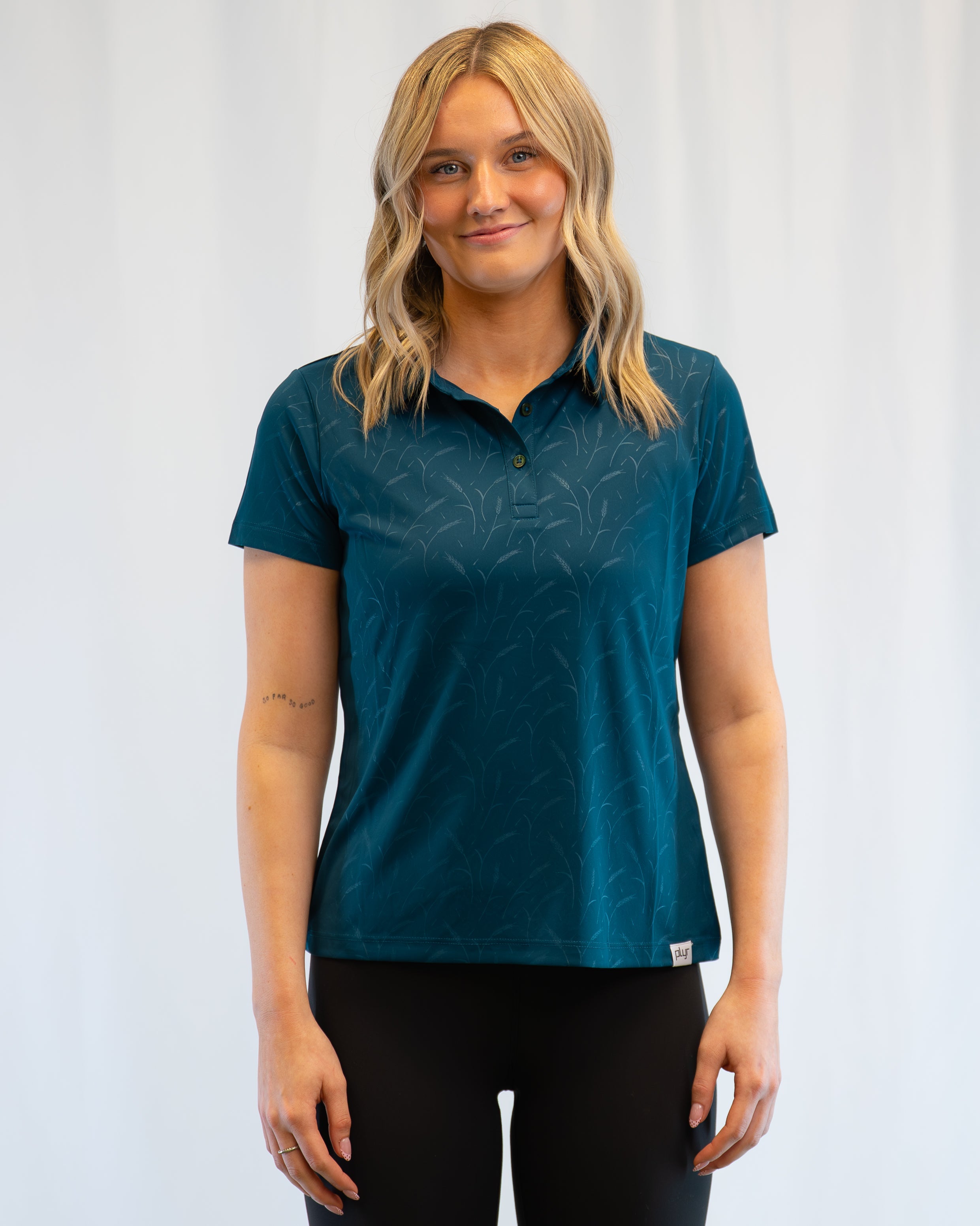 plyr Women's Prairie Wheat Polo Forest Green Embossed - front