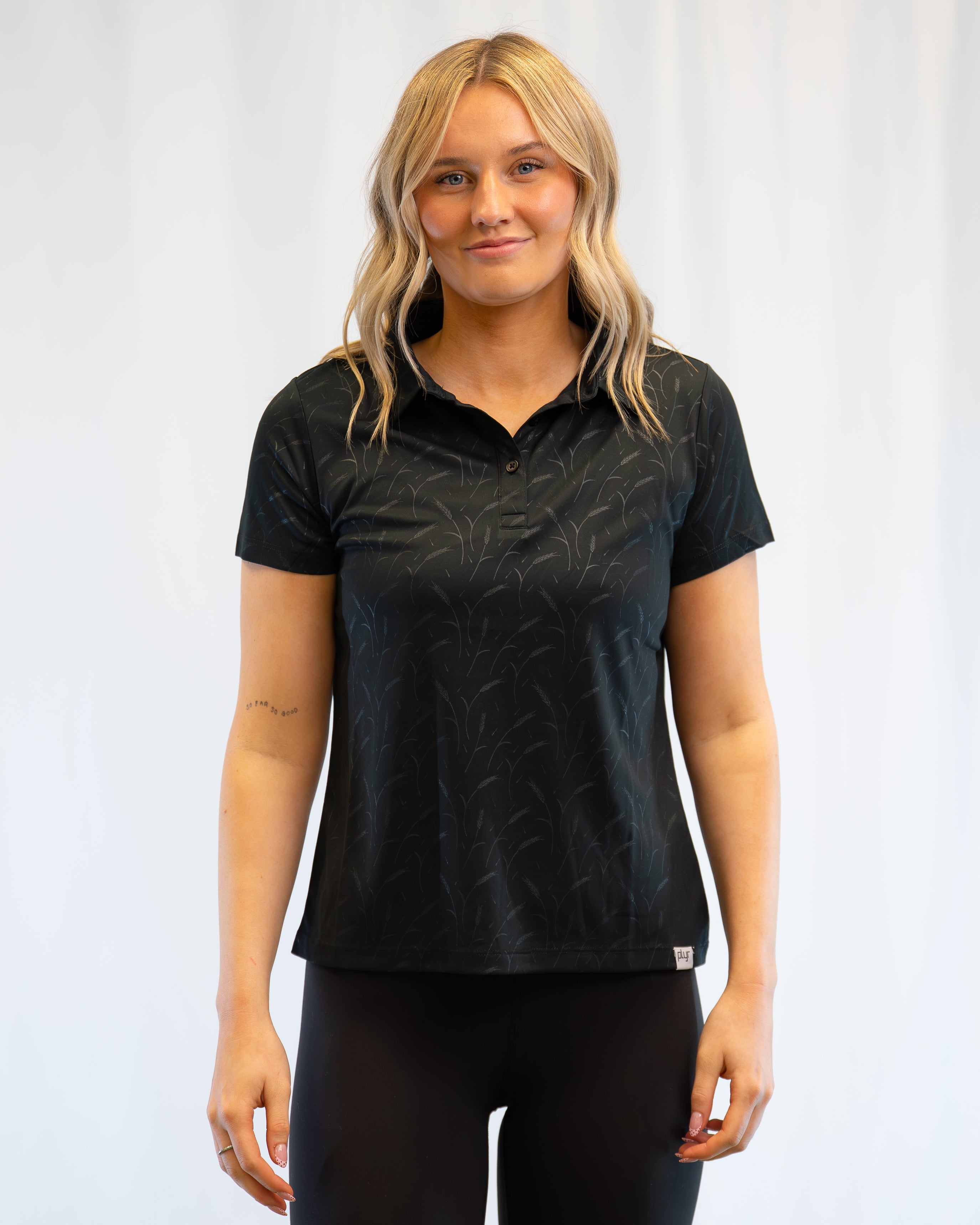 plyr Women's Prairie Wheat Polo Black Embossed - front