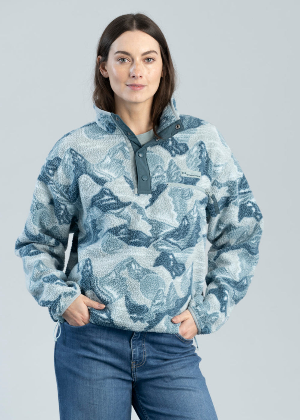 Columbia Helvetia II Printed Cropped Half Snap Fleece Pullover - Marine Light Sunscape
