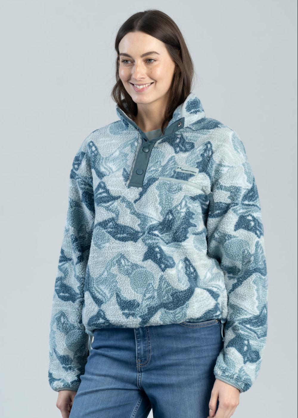 Columbia Helvetia II Printed Cropped Half Snap Fleece Pullover - Marine Light Sunscape