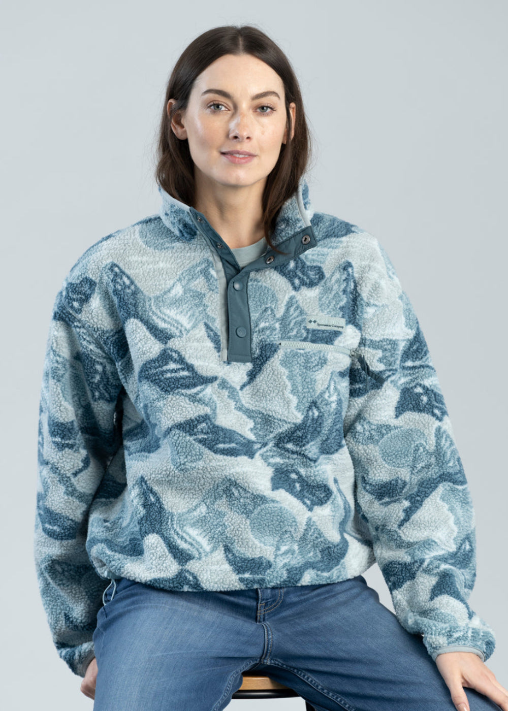Columbia Helvetia II Printed Cropped Half Snap Fleece Pullover - Marine Light Sunscape