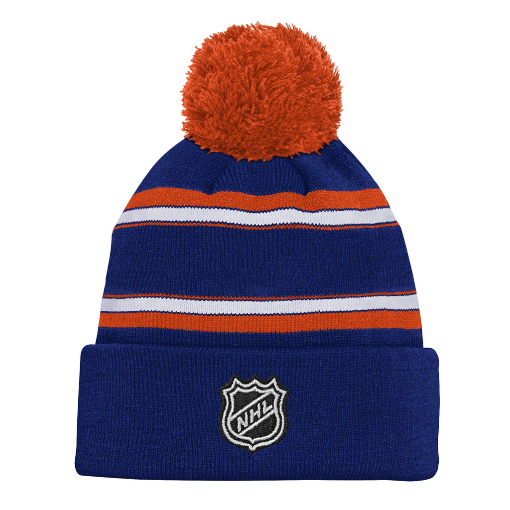 Outerstuff Youth Edmonton Oilers Jacquard Knit Cuffed Toque with Pom - Royal, back view