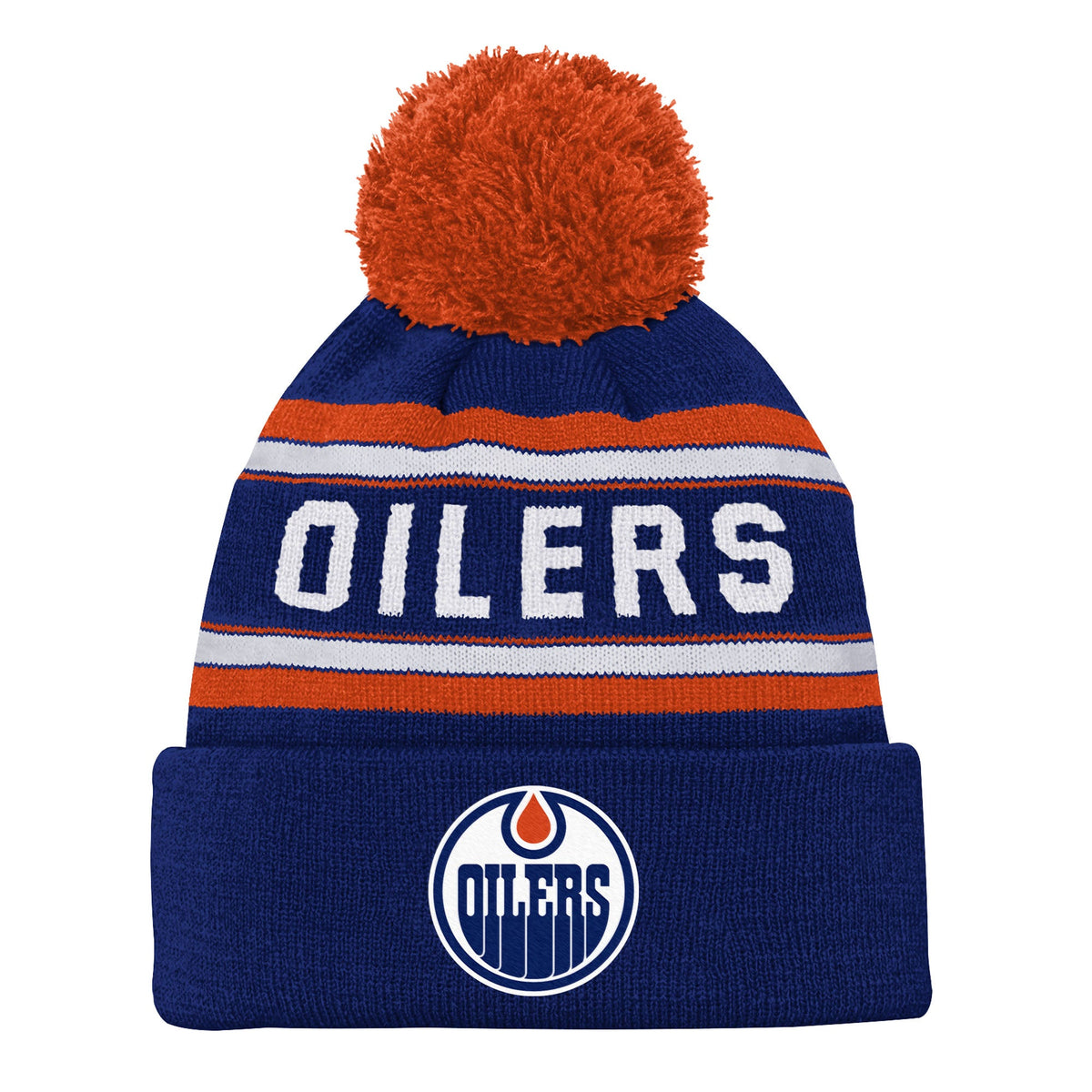 Outerstuff Youth Edmonton Oilers Jacquard Knit Cuffed Toque with Pom - Royal, front view