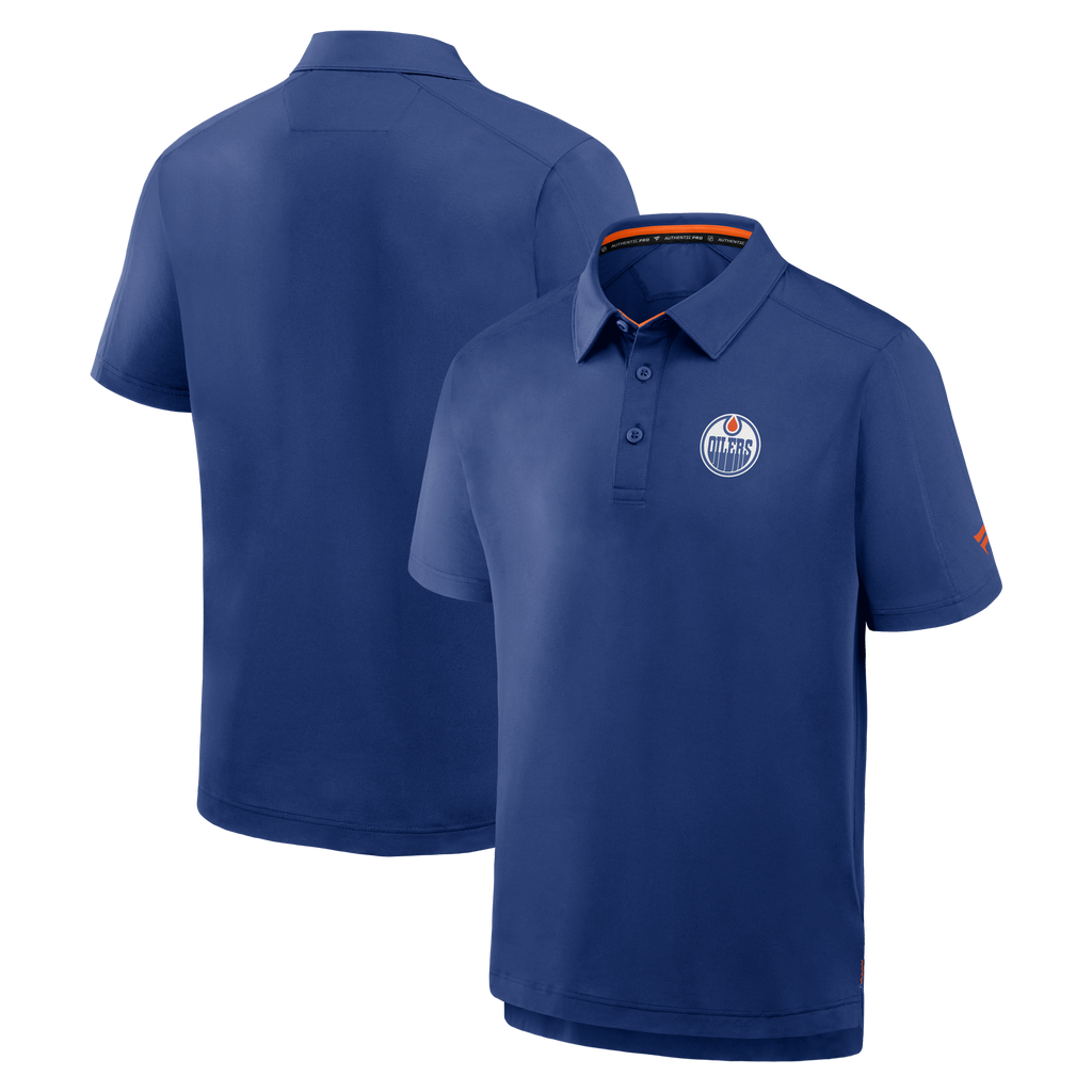 Fanatics Edmonton Oilers Authentic Pro Rink polo cobalt front and back
