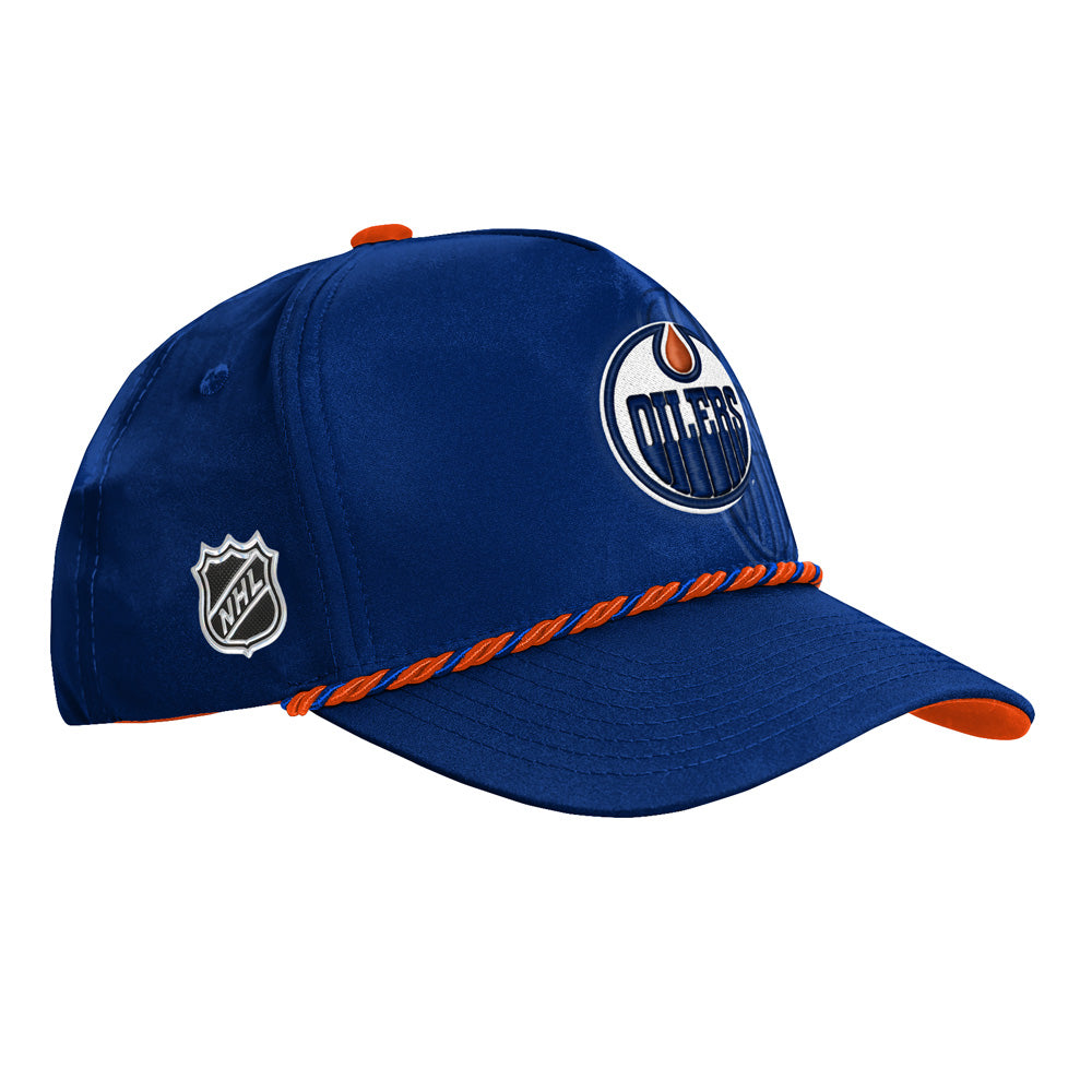 Outerstuff Edmonton Oilers 2026 NHL Draft Podium Youth Hat - three-quarter right with NHL shield