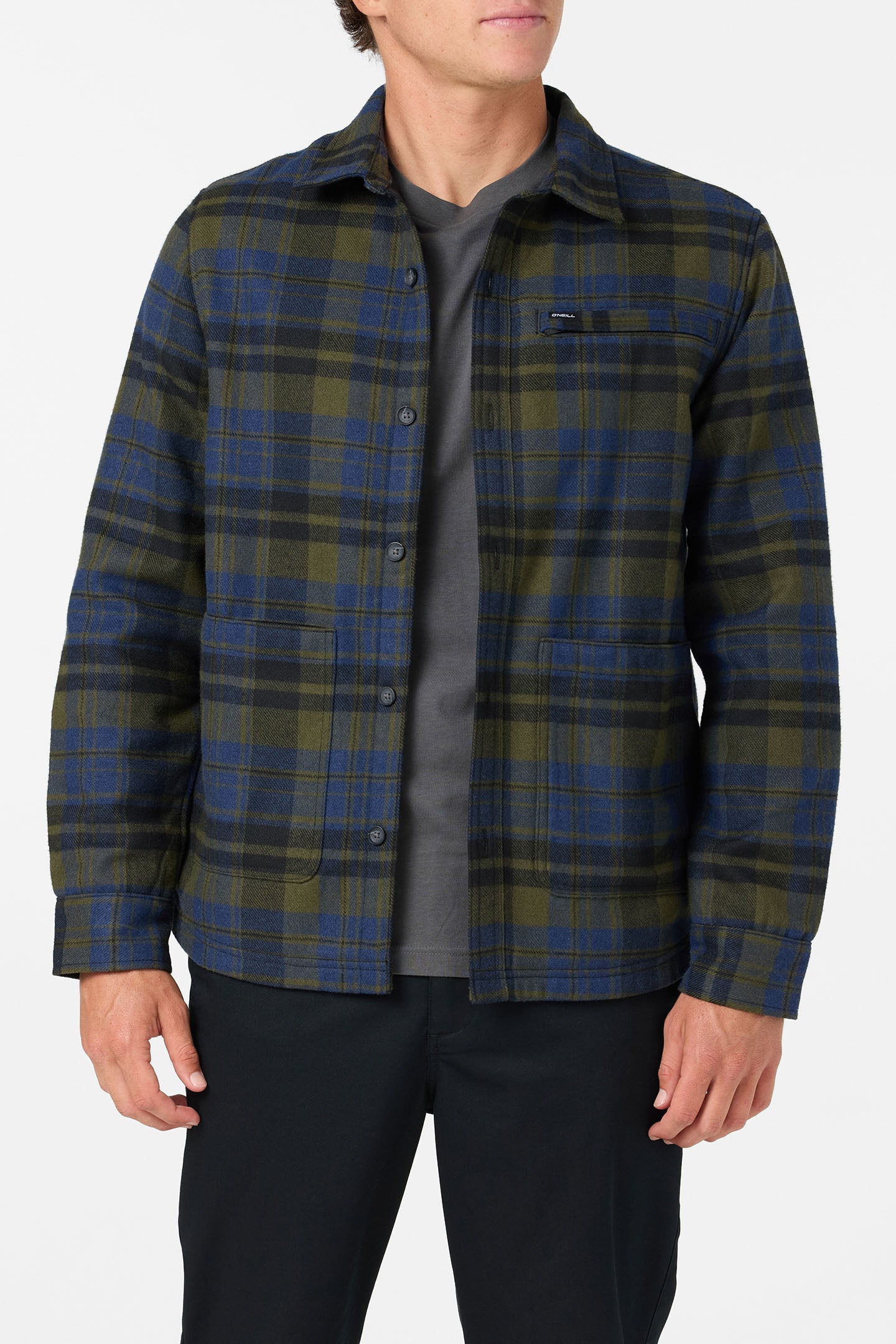 O'Neill Men's Plaid High Pile Lined Jacket - Army - front
