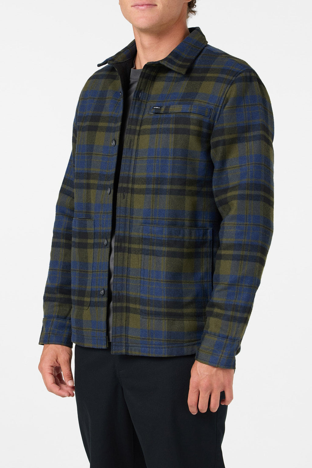 O'Neill Men's Plaid High Pile Lined Jacket - Army - three-quarter front