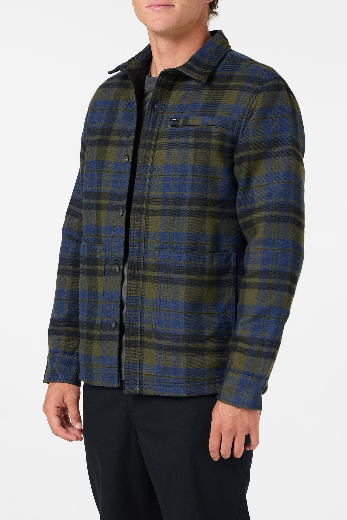 O'Neill Men's Plaid High Pile Lined Jacket - Army - three-quarter front