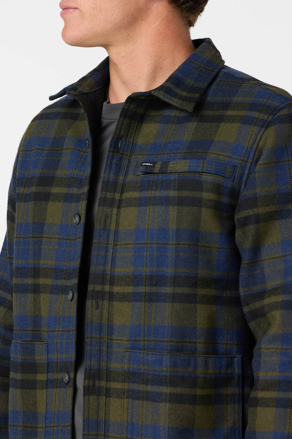 O'Neill Men's Plaid High Pile Lined Jacket - Army - collar and chest pocket detail