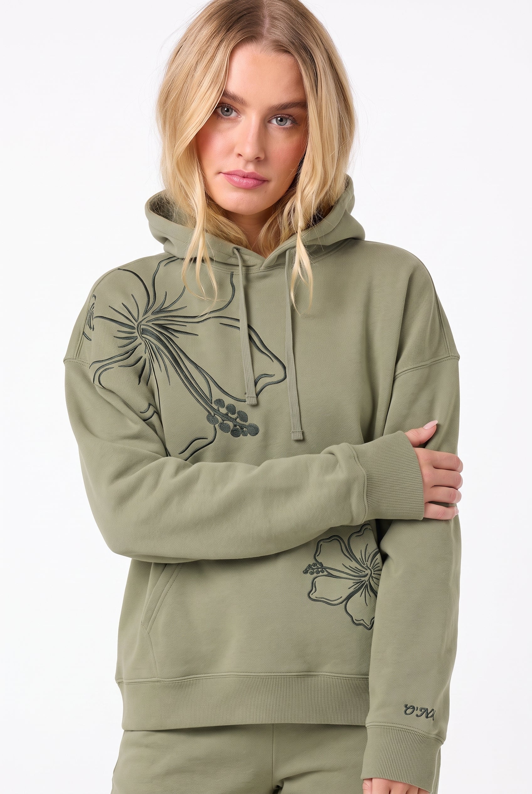 O'Neill Women's Hibiscus Oversized Hoodie - Sage - sleeve embroidery detail