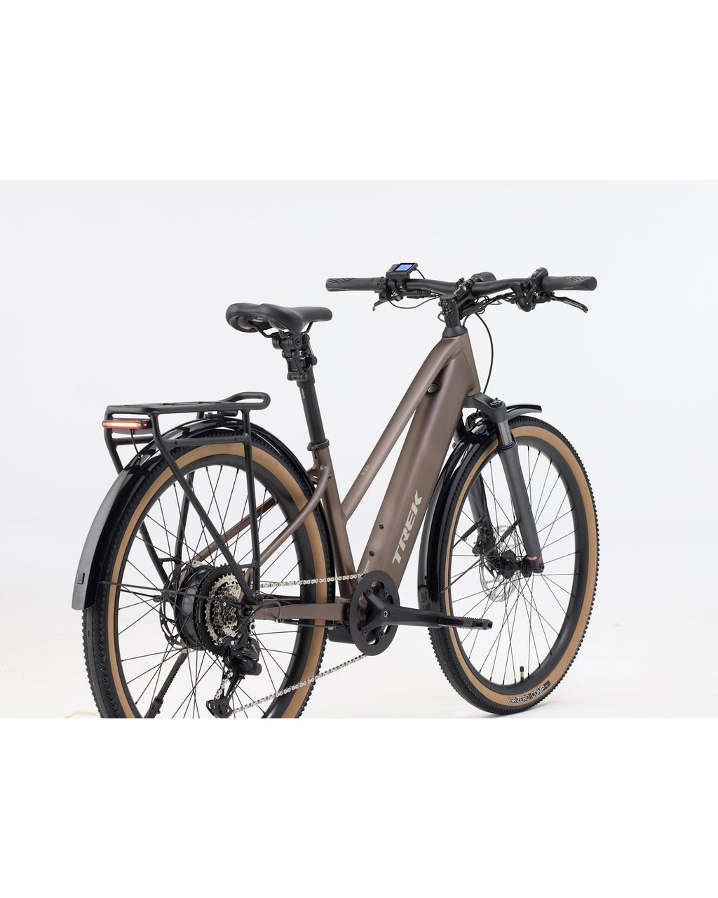 Trek FX+ 2 Midstep Throttle Electric Bike - Bronze Age, rear angle