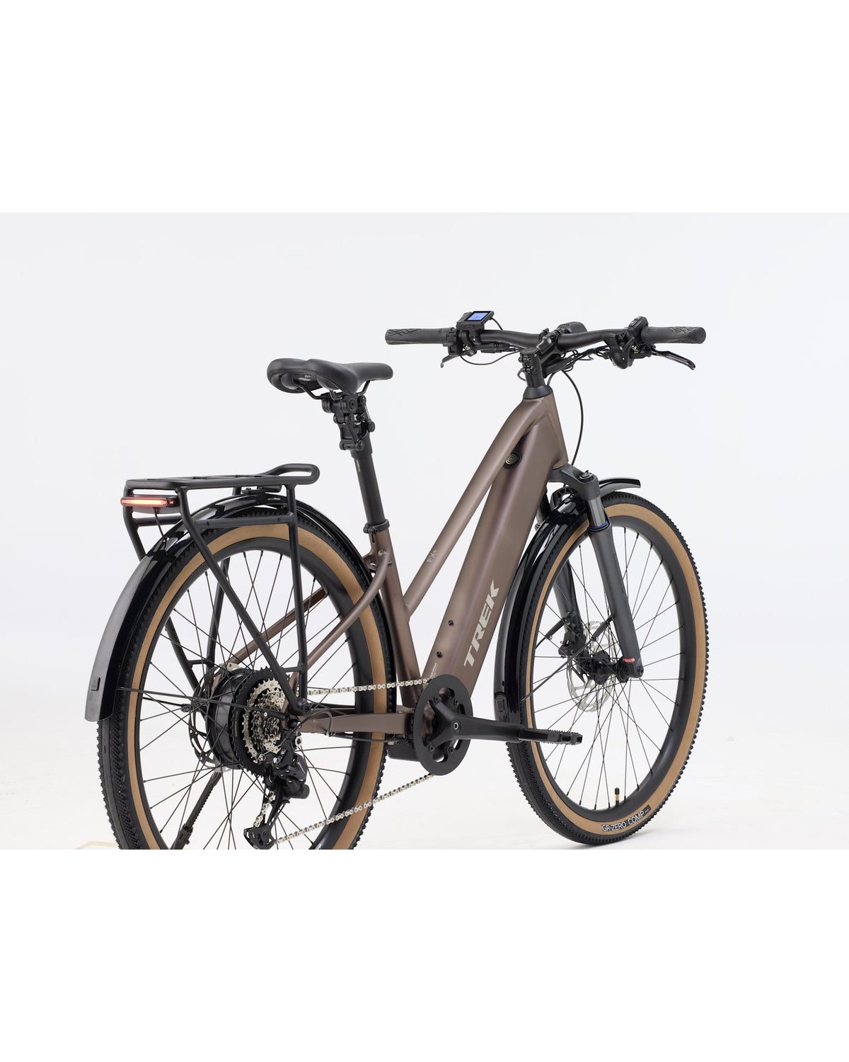 Trek FX+ 2 Midstep Throttle Electric Bike - Bronze Age, rear angle