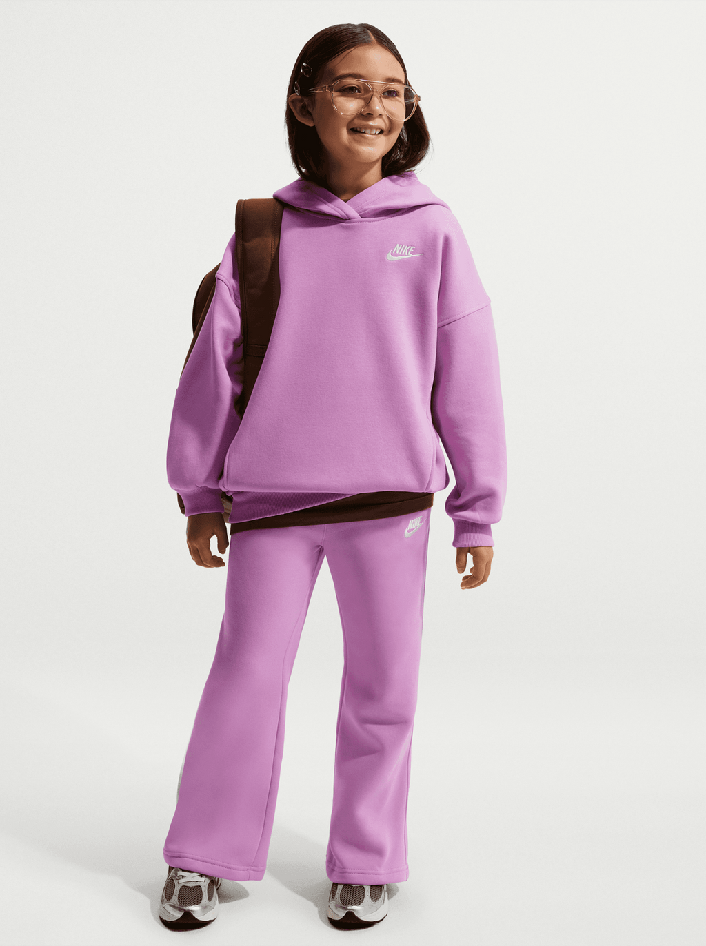 Nike Girls' Club Fleece Oversized Pullover Hoodie - Pink/White, front