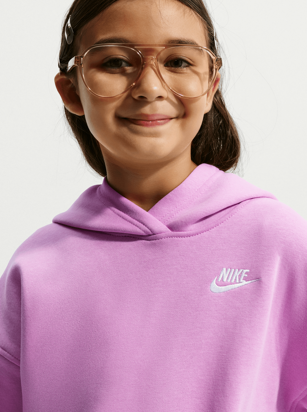 Nike Girls' Club Fleece Oversized Pullover Hoodie - Pink/White, flat