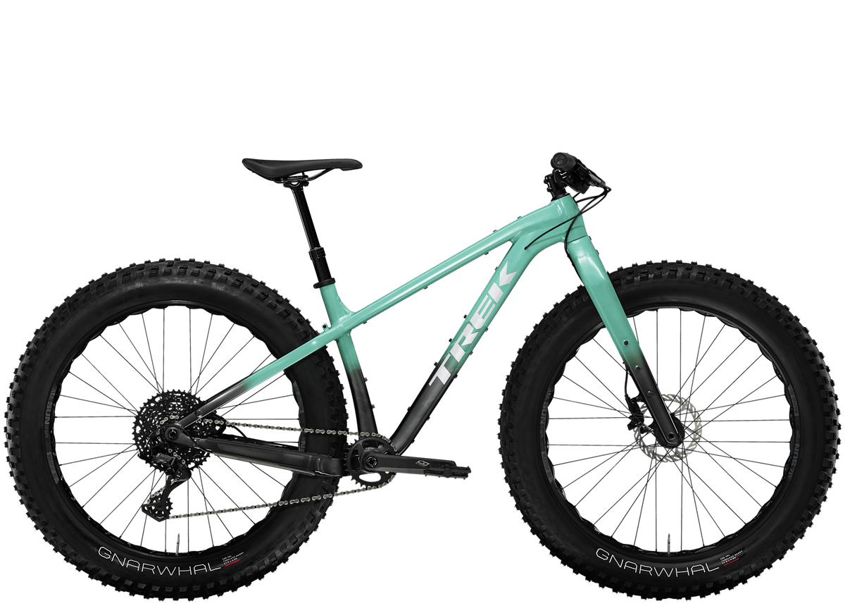 Trek Farley 5 fat bike, Satin Blue Sage to Lithium Grey Fade, drive side