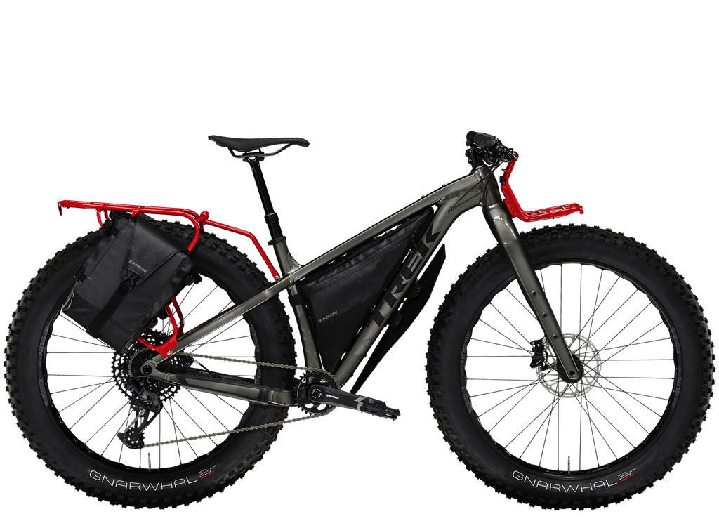 Trek Farley 9 fat bike with front and rear racks and frame bags, drive side