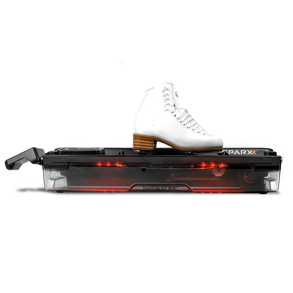Sparx figure skate adapters fitted to a Sparx sharpener with a figure skate