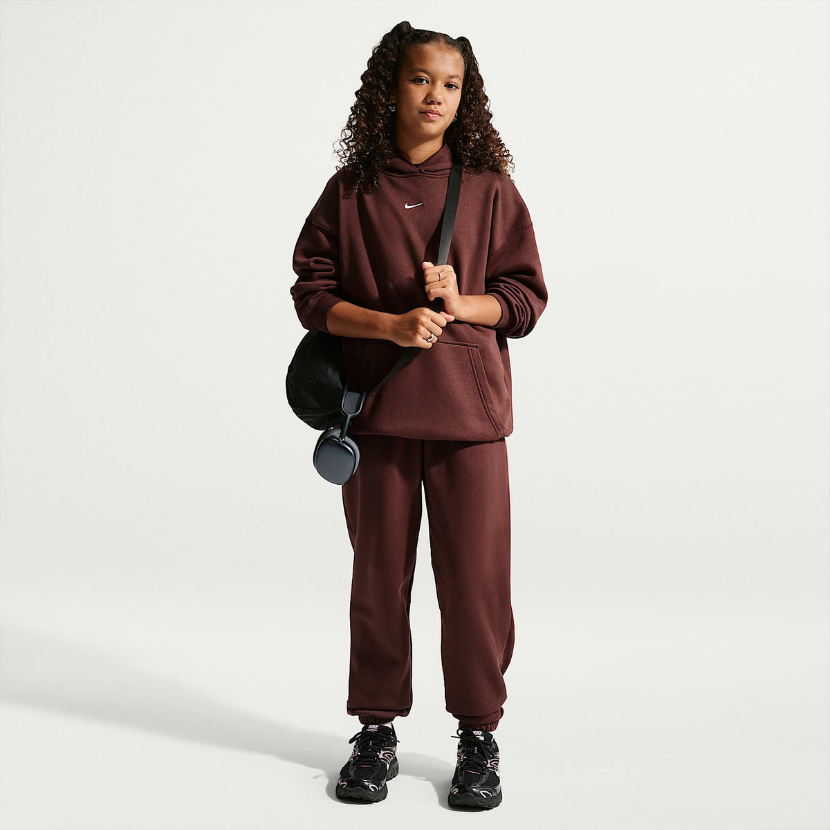 Nike Girl's Youth Sportswear Studio Fleece Oversized Pullover Hoodie in Mystic Dates/White - full look