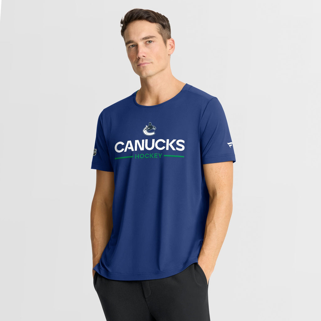 Vancouver Canucks Fanatics Blue Authentic Pro Rink Tech T-Shirt - on-model front