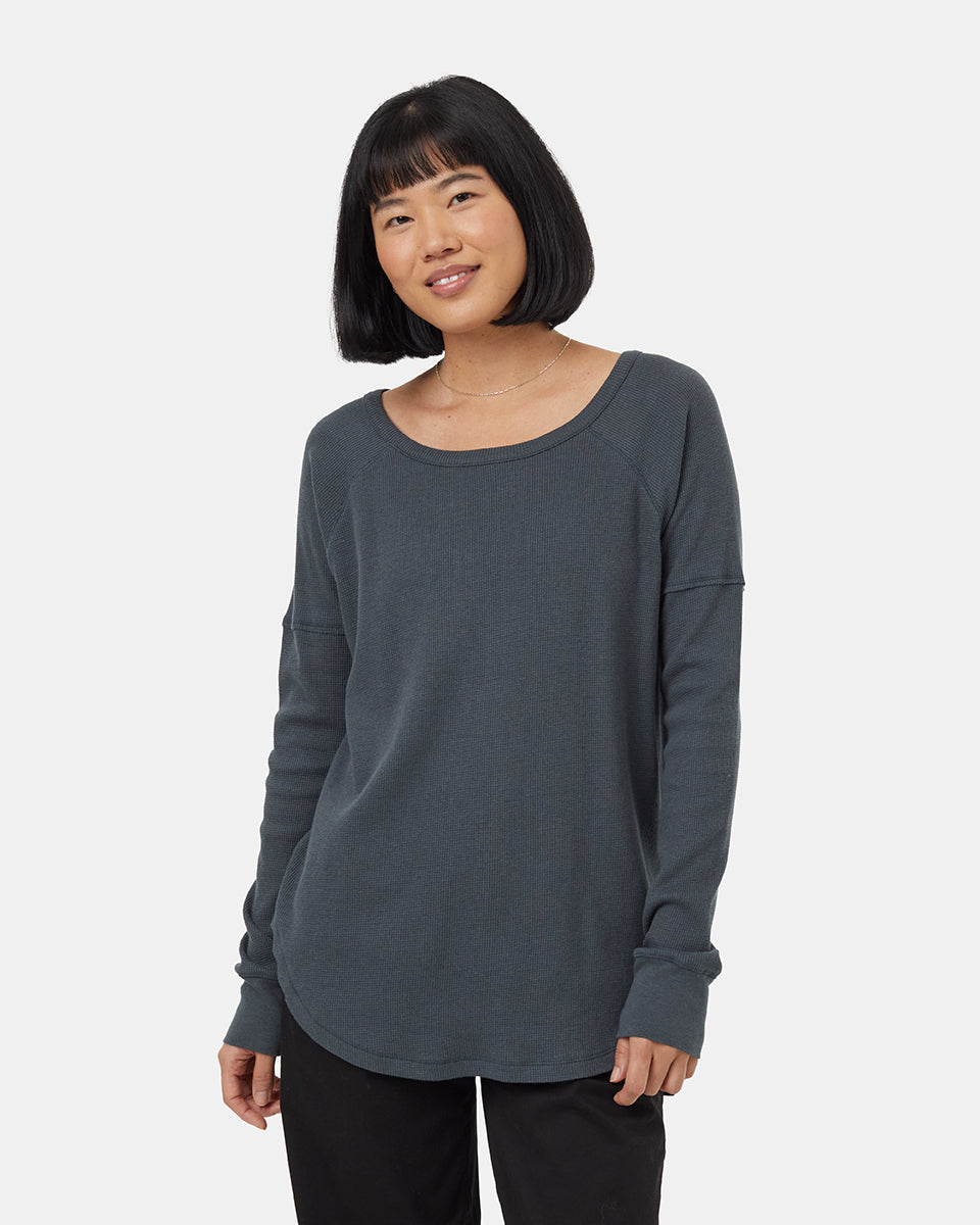 Tentree Women's Treewaffle Crew Longsleeve - Forest River Green - front detail