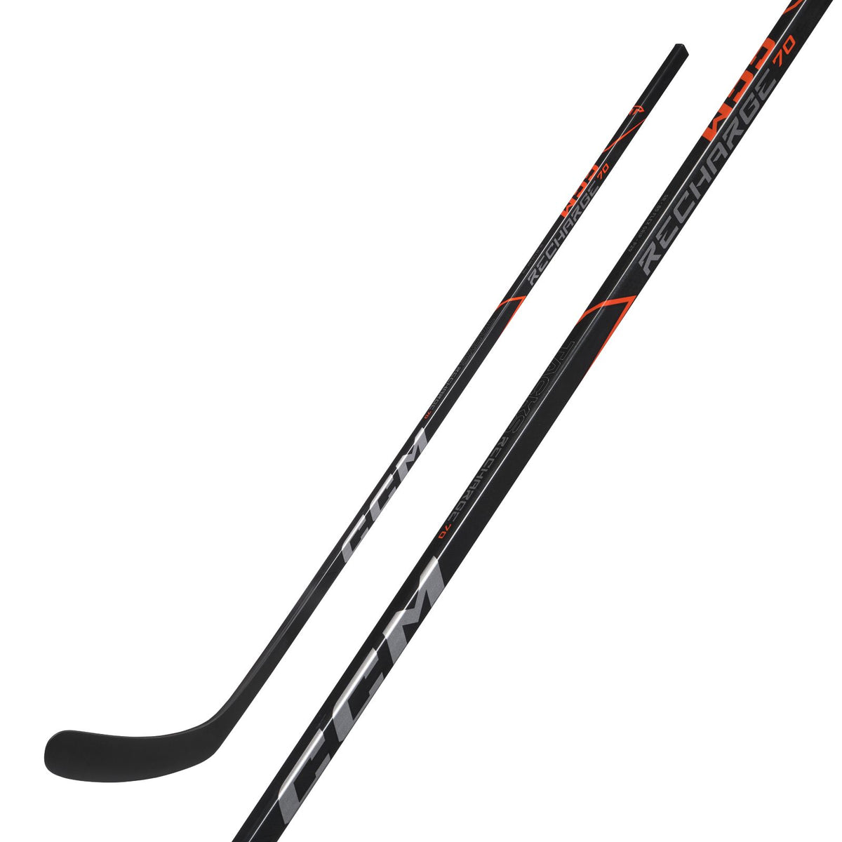 CCM Senior Tacks Recharge 70 Hockey Stick - Black/Orange, front view with shaft detail