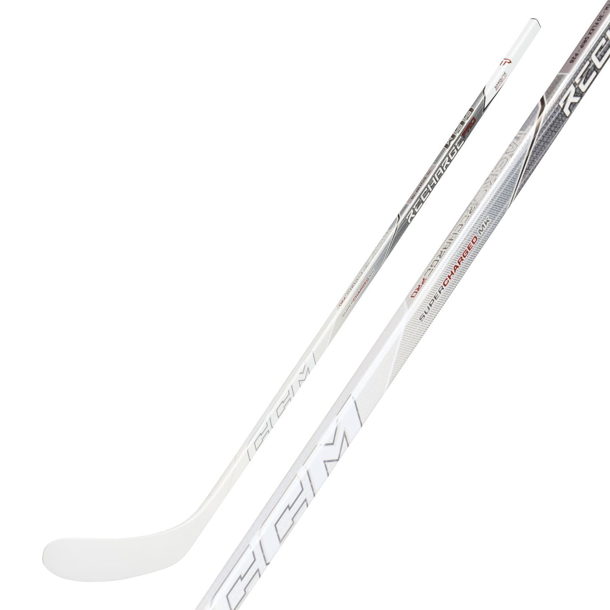 CCM Youth Tacks Recharge Pro White Hockey Stick - White, front view with shaft detail