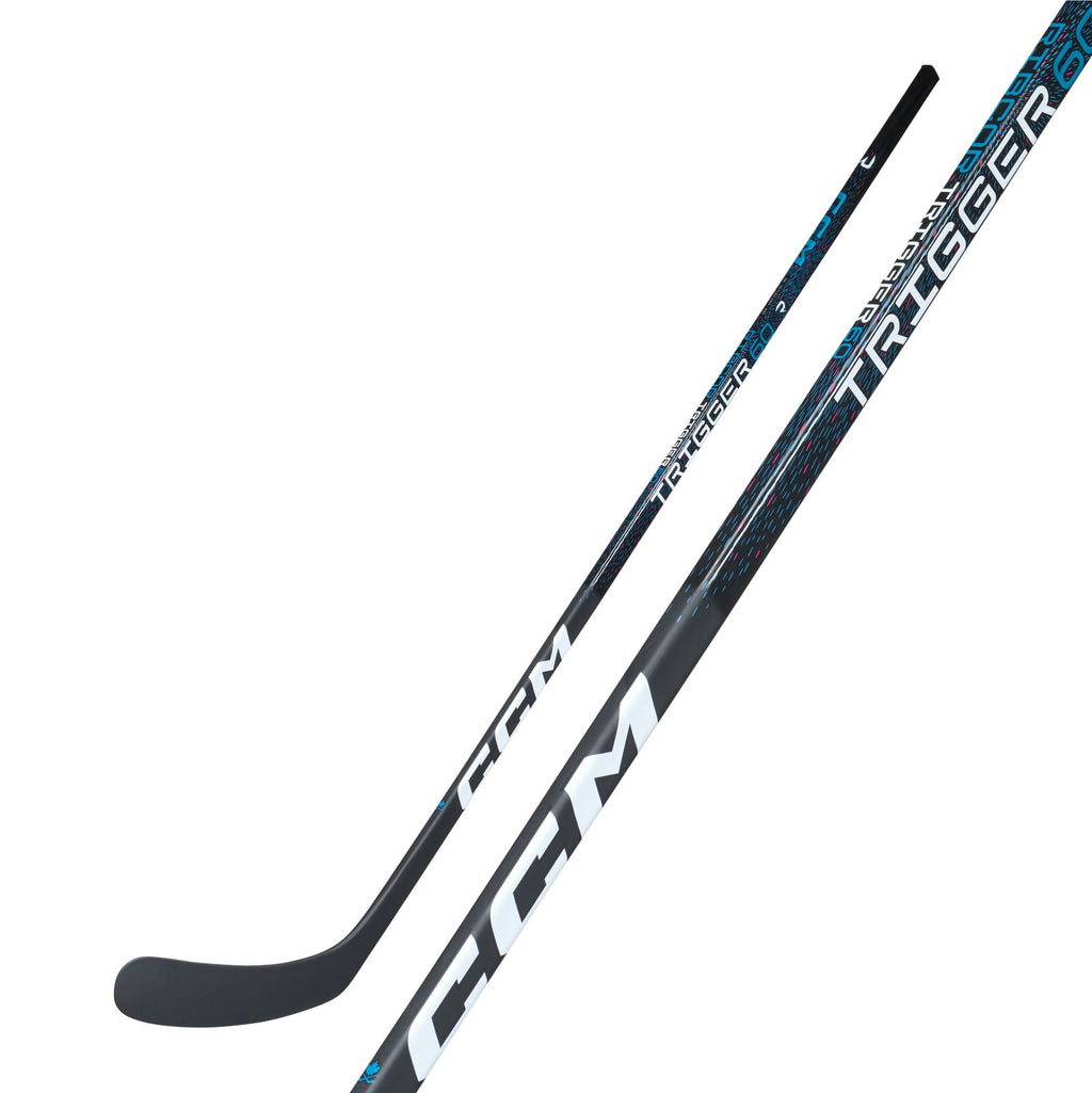 CCM Intermediate Ribcor Trigger 60 Hockey Stick - Black/Blue, front view with shaft detail