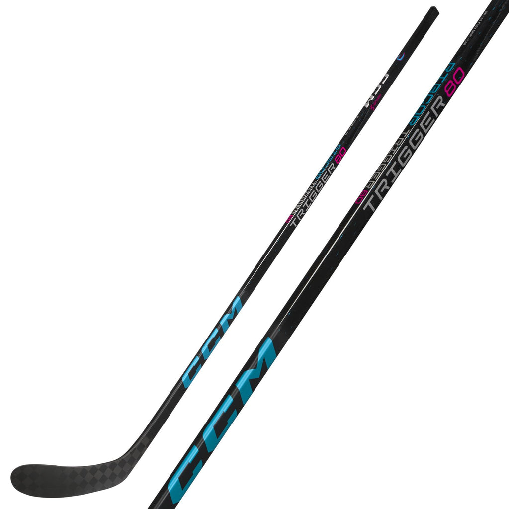CCM Senior Ribcor Trigger 80 Hockey Stick - Black/Blue, front view with shaft detail