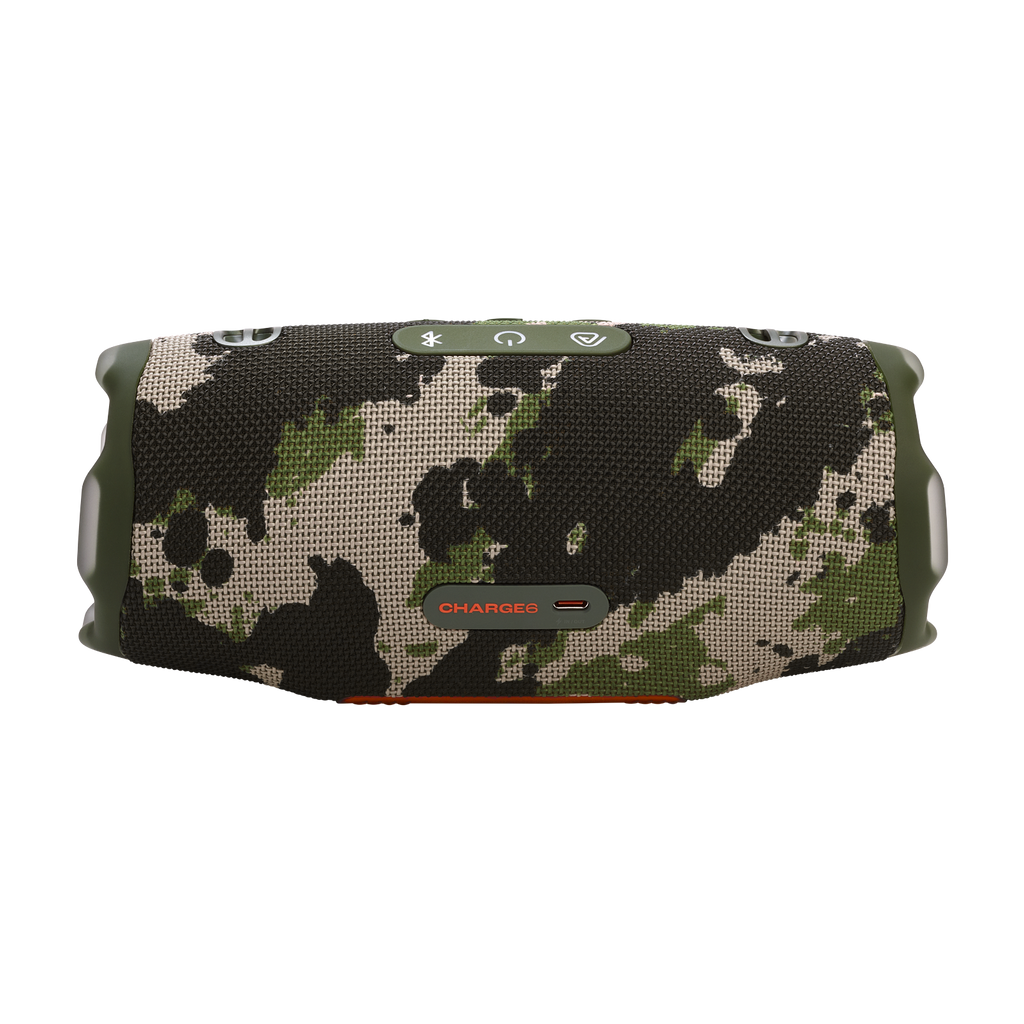 JBL Charge 6 portable waterproof speaker in Squad camo, back with controls
