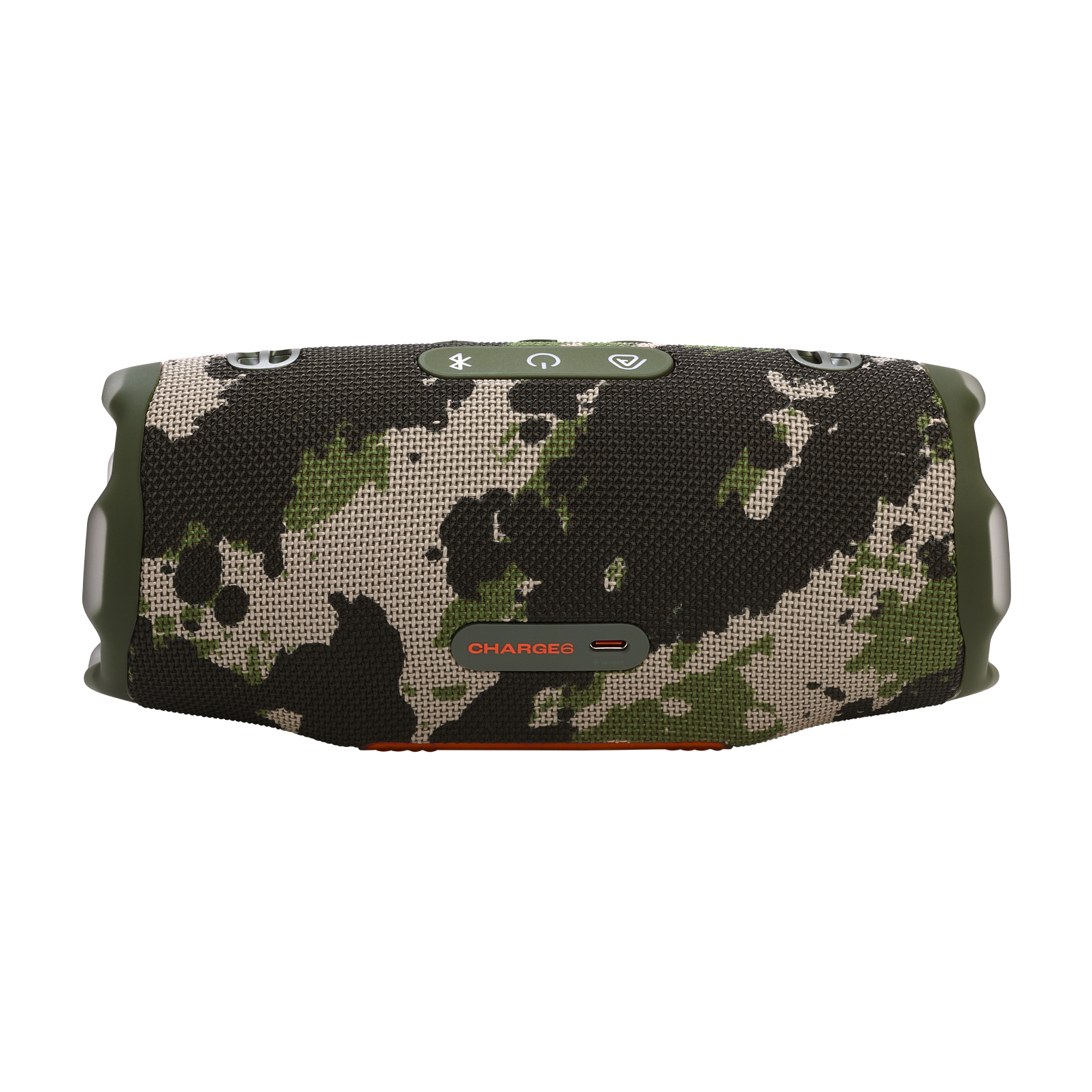 JBL Charge 6 portable waterproof speaker in Squad camo, back with controls
