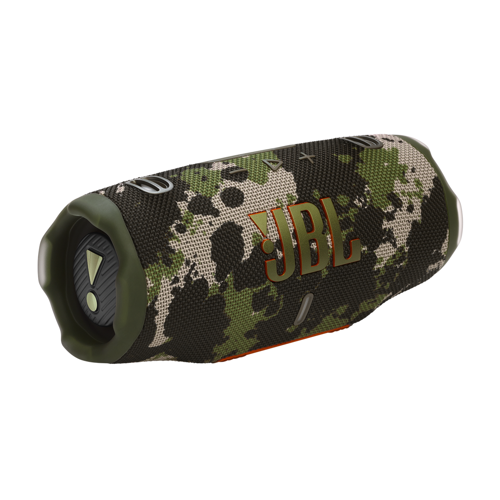 JBL Charge 6 portable waterproof speaker in Squad camo, angled hero view