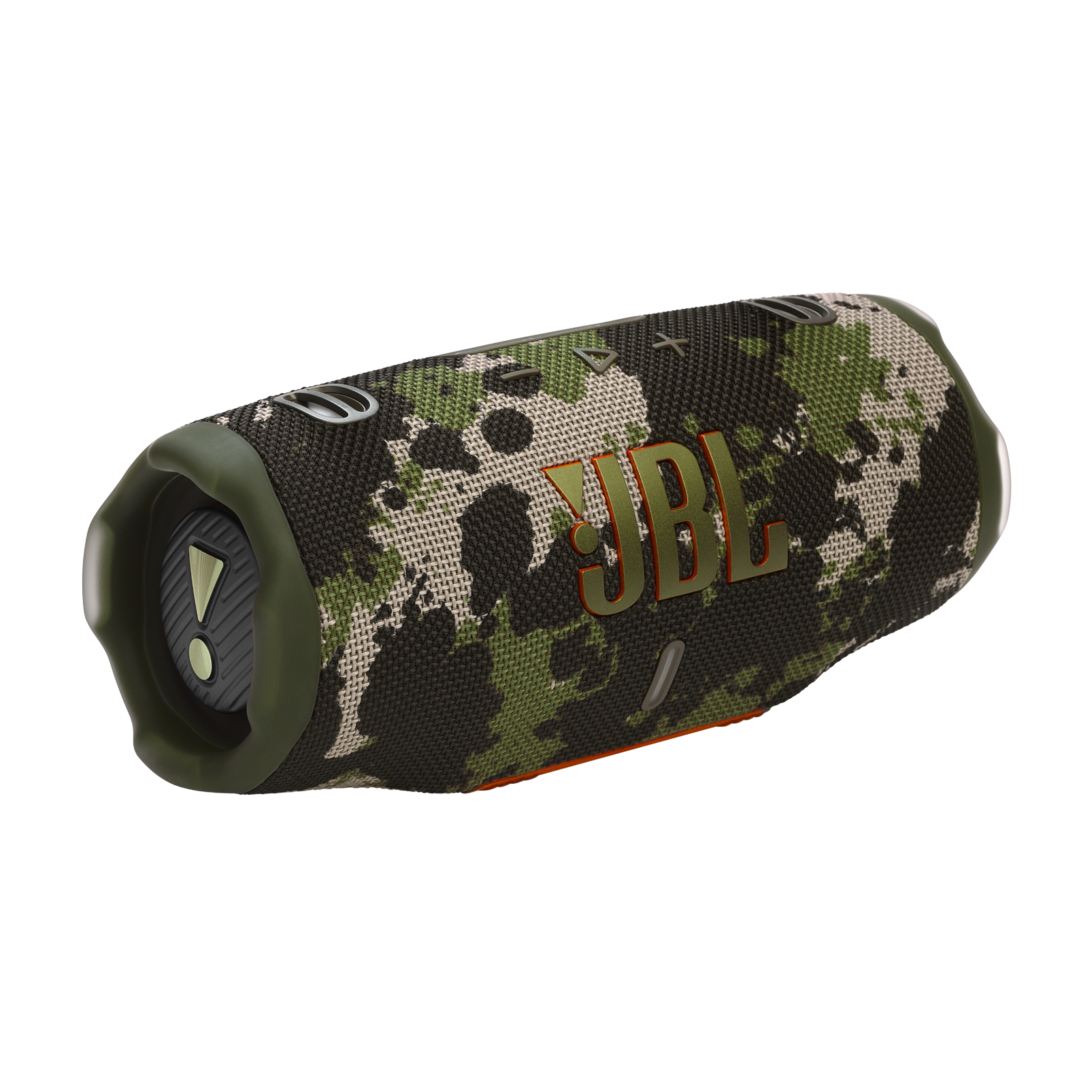 JBL Charge 6 portable waterproof speaker in Squad camo, angled hero view