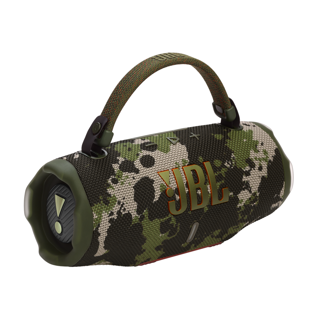 JBL Charge 6 portable waterproof speaker in Squad camo with carry strap