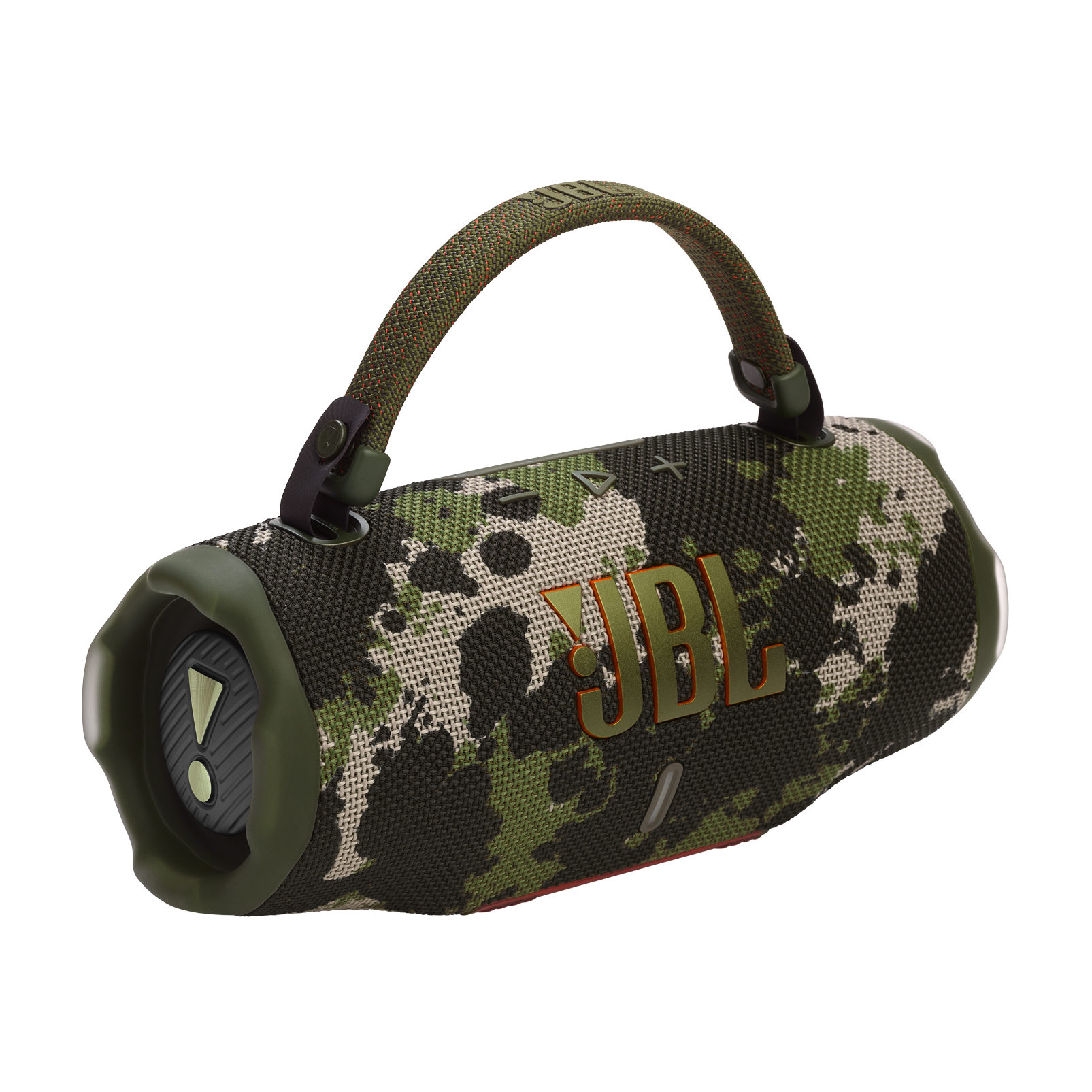 JBL Charge 6 portable waterproof speaker in Squad camo with carry strap