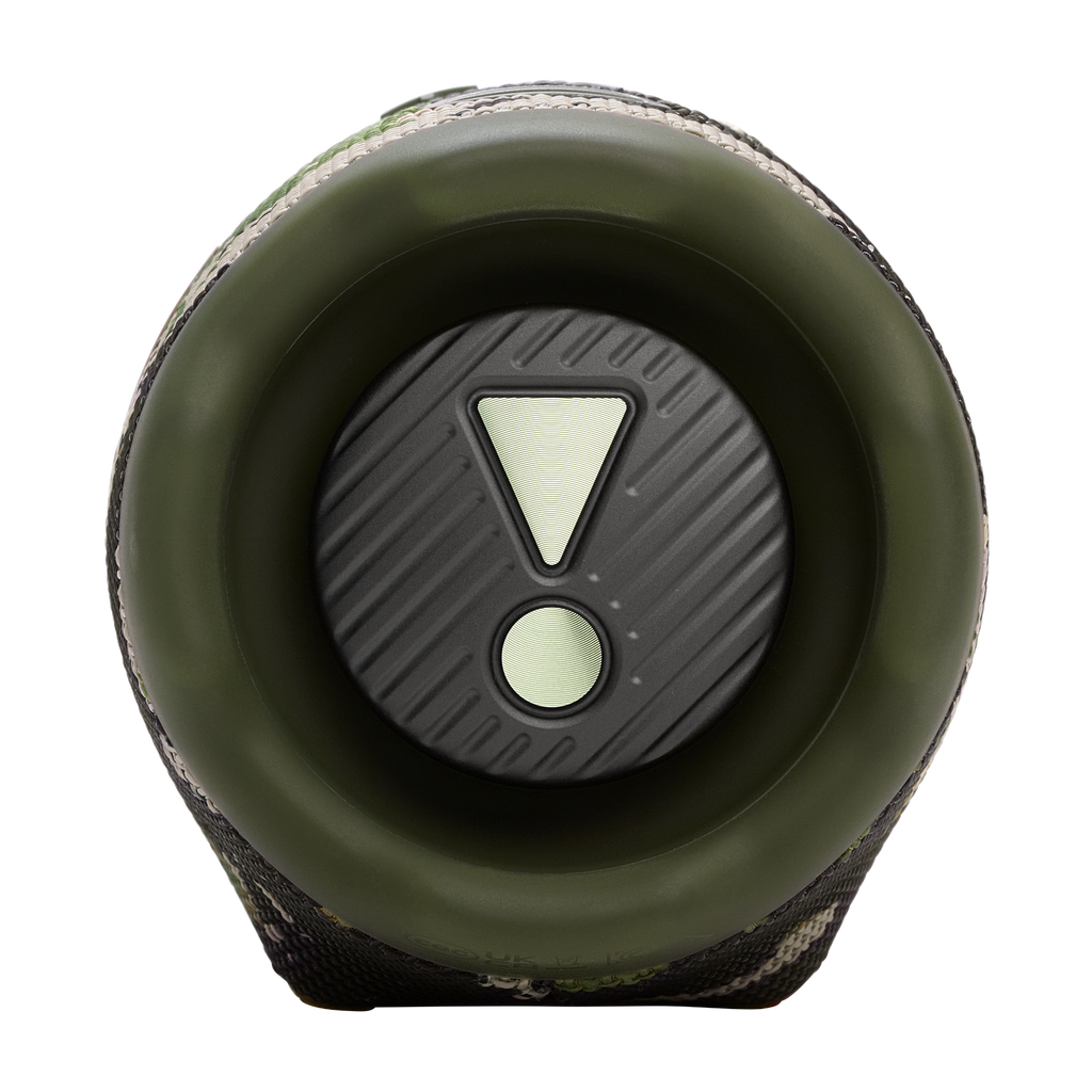 JBL Charge 6 portable waterproof speaker in Squad camo, passive radiator end