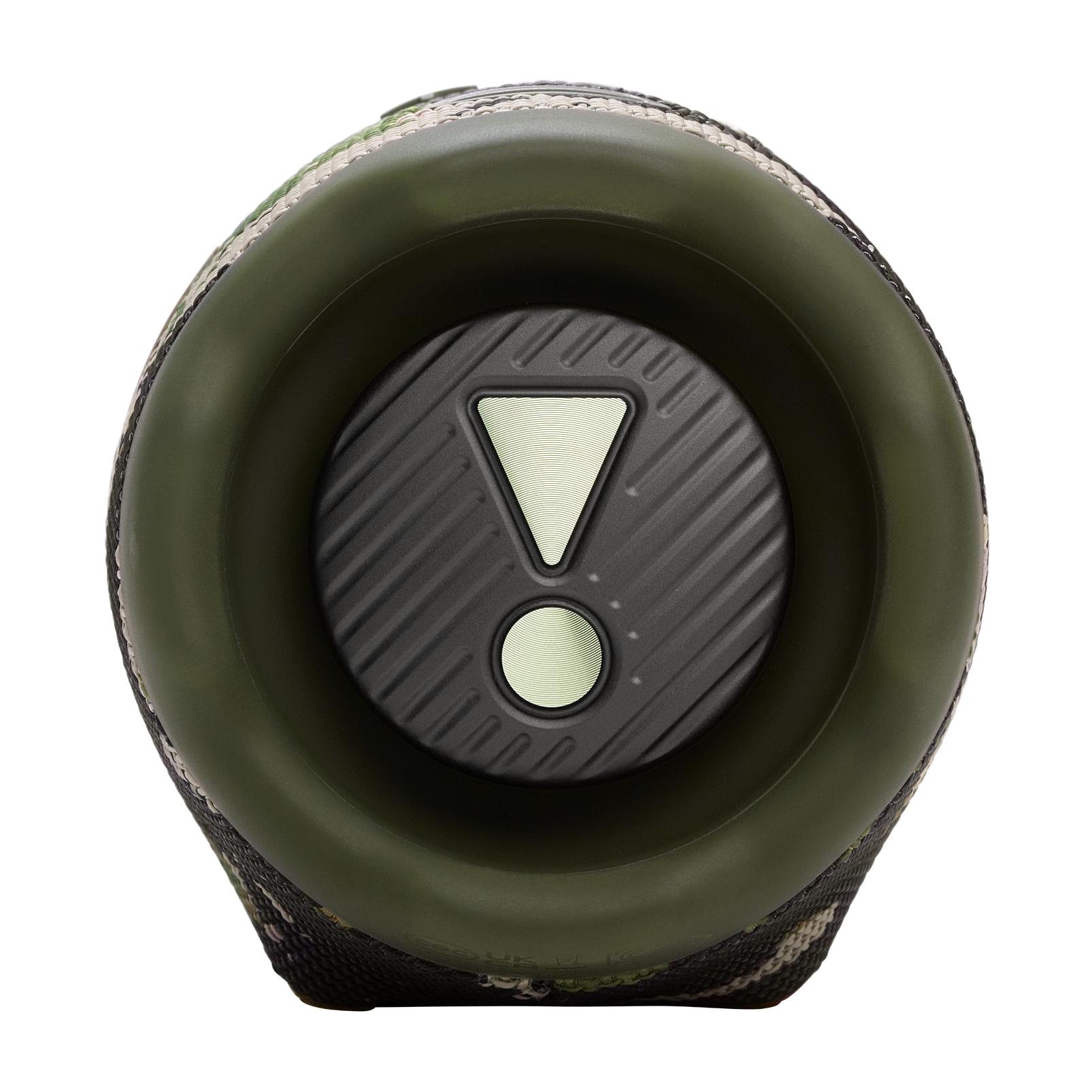 JBL Charge 6 portable waterproof speaker in Squad camo, passive radiator end