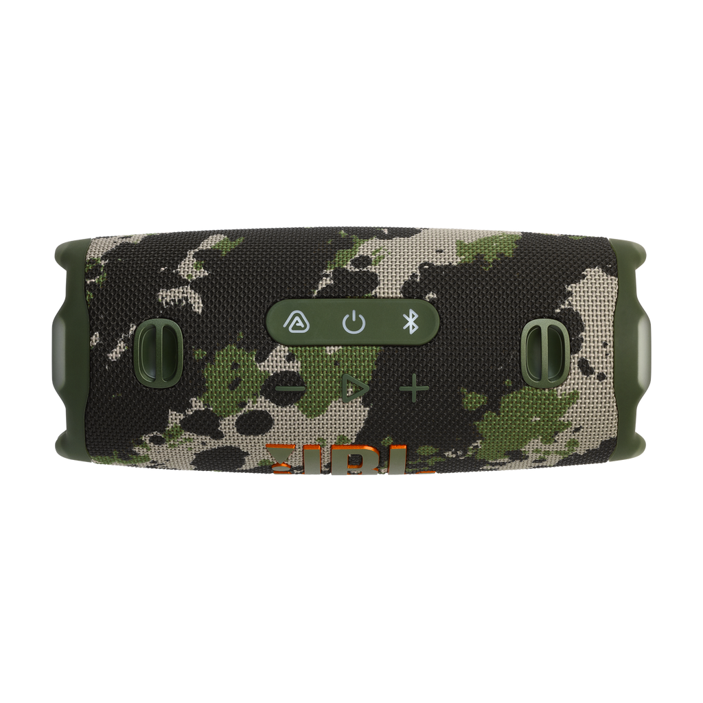 JBL Charge 6 portable waterproof speaker in Squad camo, top control panel