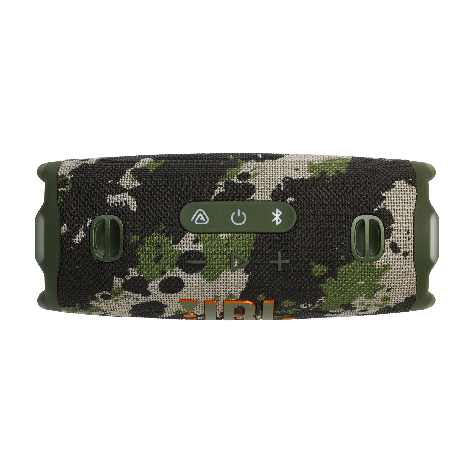 JBL Charge 6 portable waterproof speaker in Squad camo, top control panel