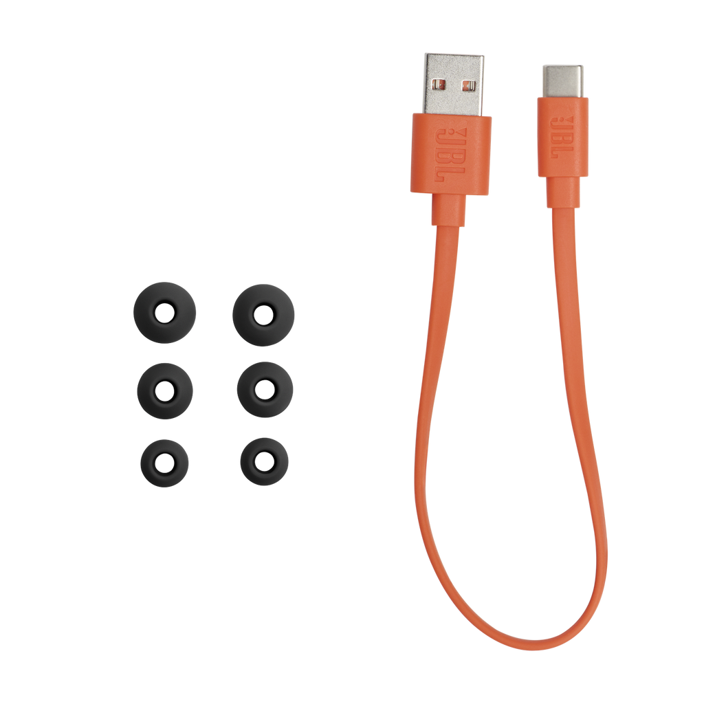 JBL Endurance Run 2 Wireless earbuds in black, included ear tips and USB-C charging cable