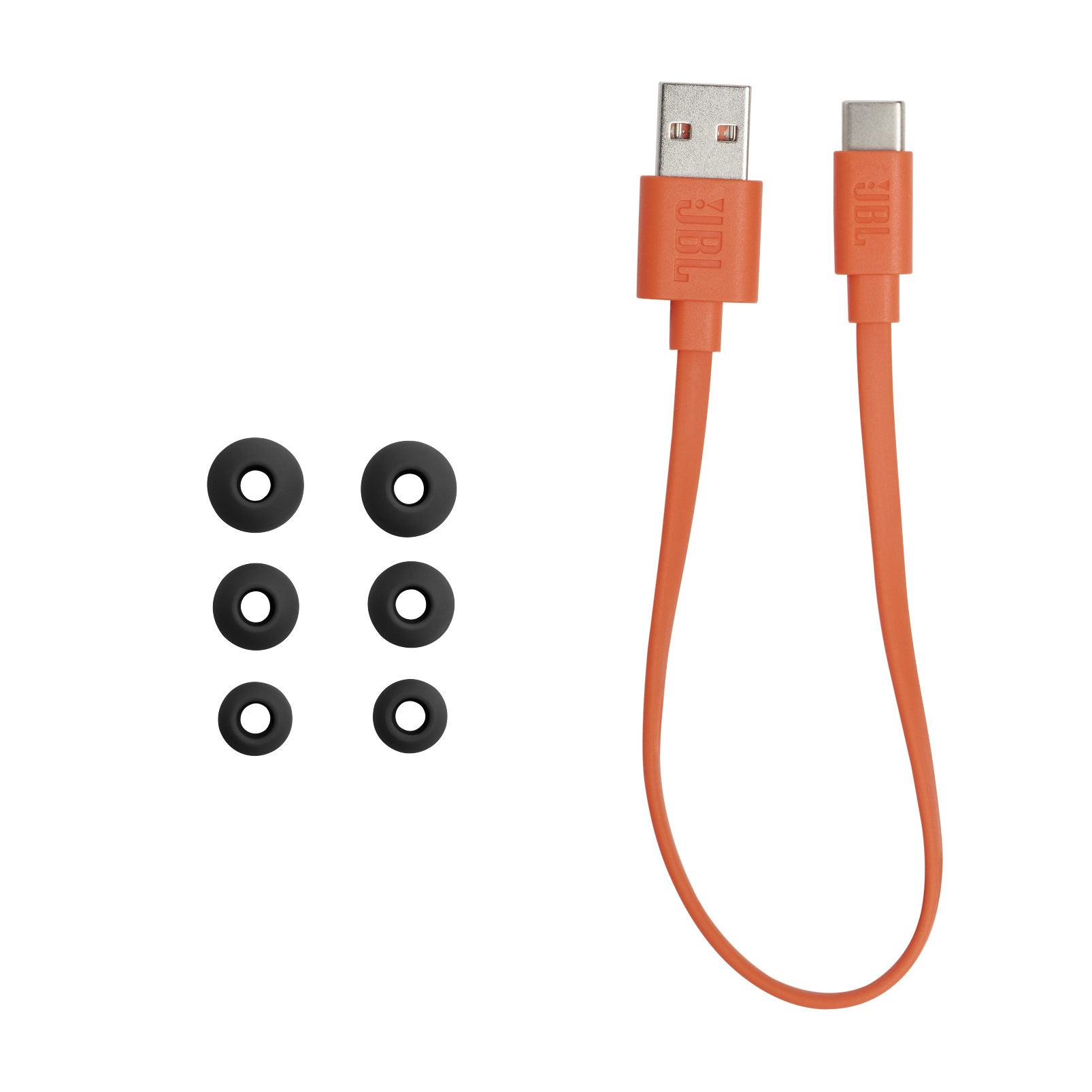 JBL Endurance Run 2 Wireless earbuds in black, included ear tips and USB-C charging cable