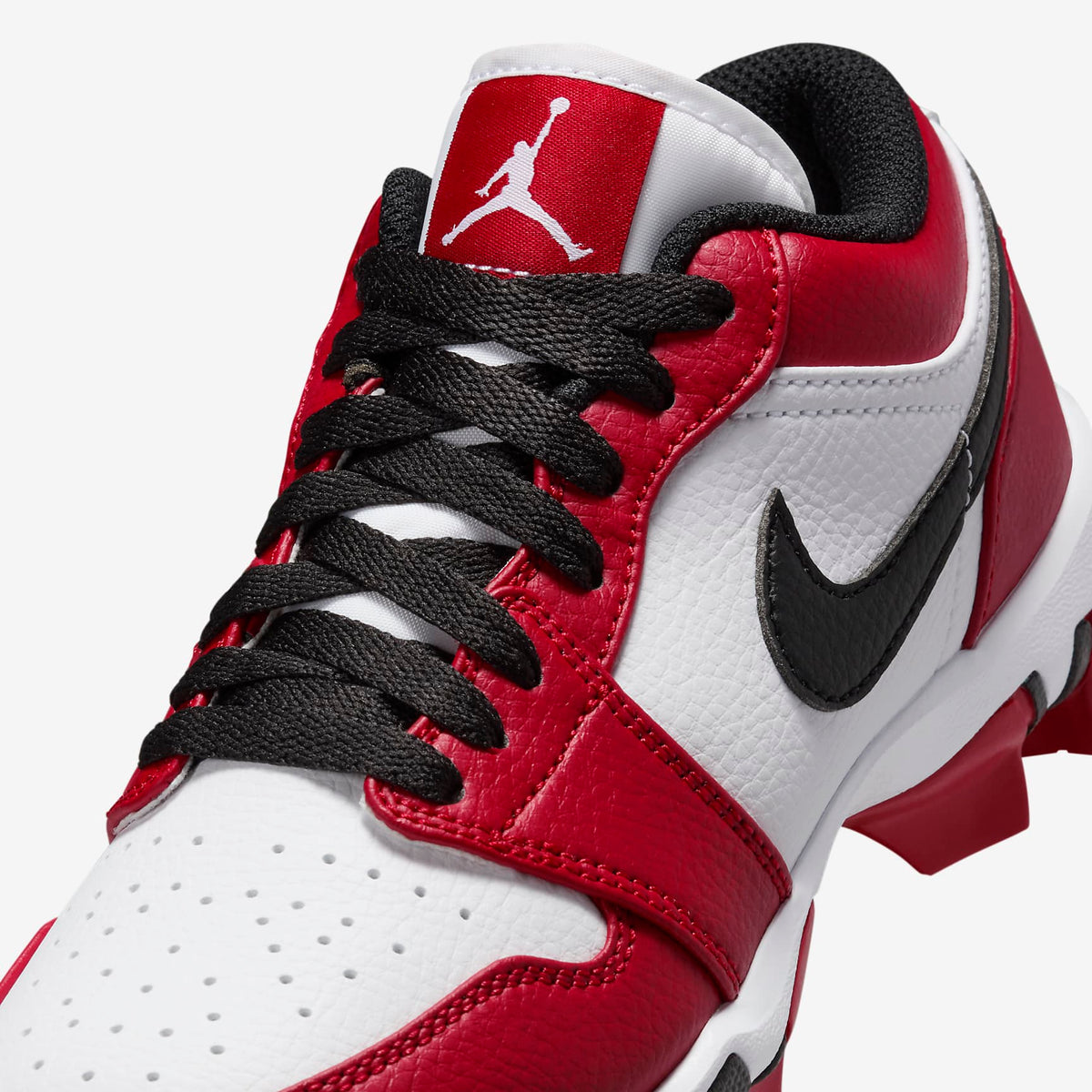 Jordan 1 Low Kids' Cleat - White/Gym Red/Black - upper detail
